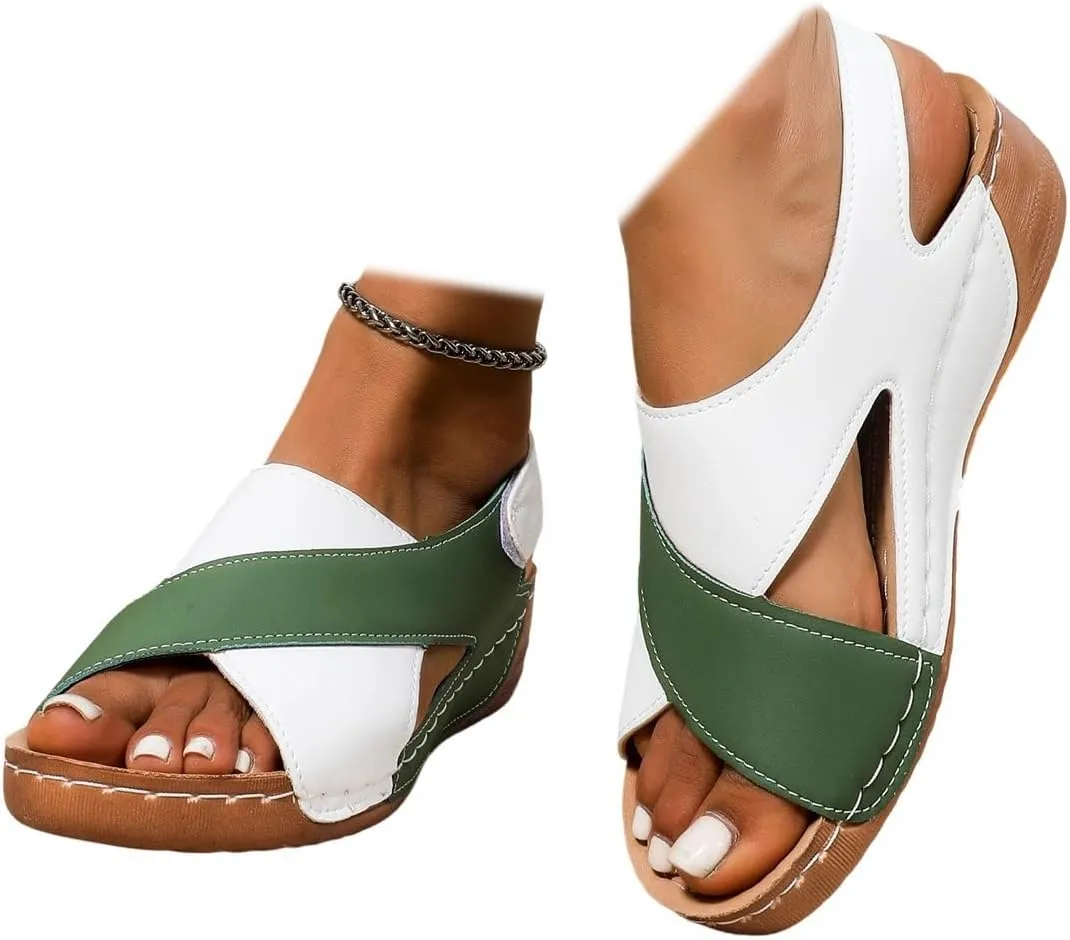 SACFOF Womens Orthopedic Sandals Summer Color Block Arch Support Shoes Casual Ankle Strap Slingback Comfortable Dress Shoes