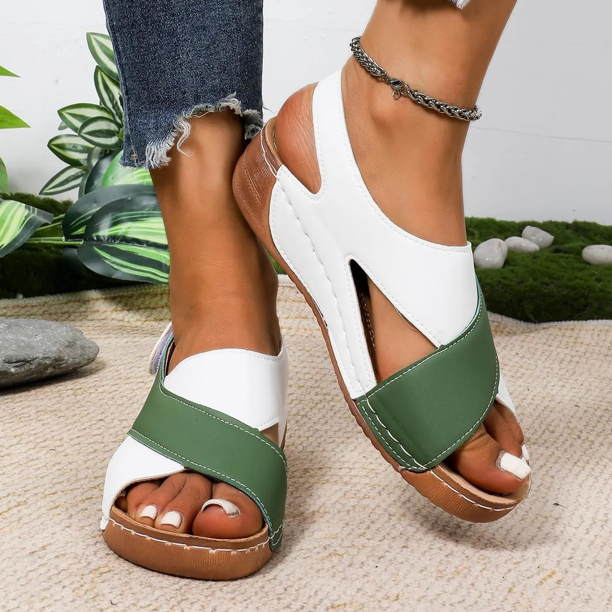 SACFOF Womens Orthopedic Sandals Summer Color Block Arch Support Shoes Casual Ankle Strap Slingback Comfortable Dress Shoes