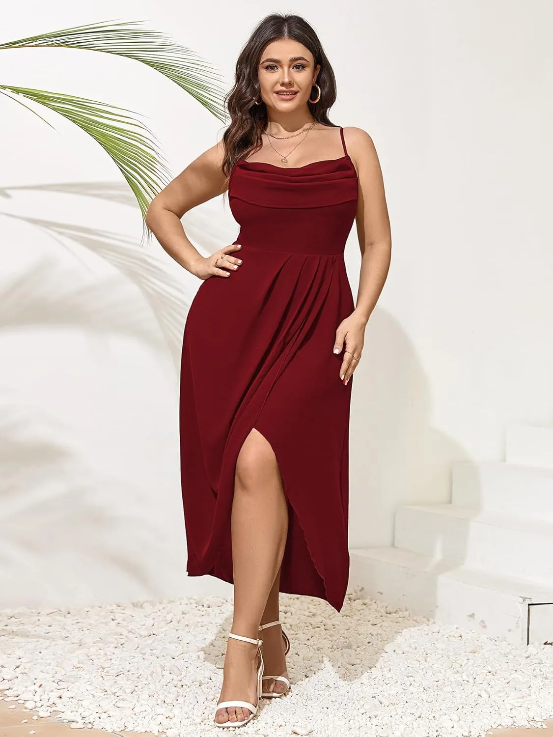 SCOMCHIC Women's Plus Size Dress Sleeveless Spaghetti Strap Cowl Neck Wrap Party Cocktail Cami Dress