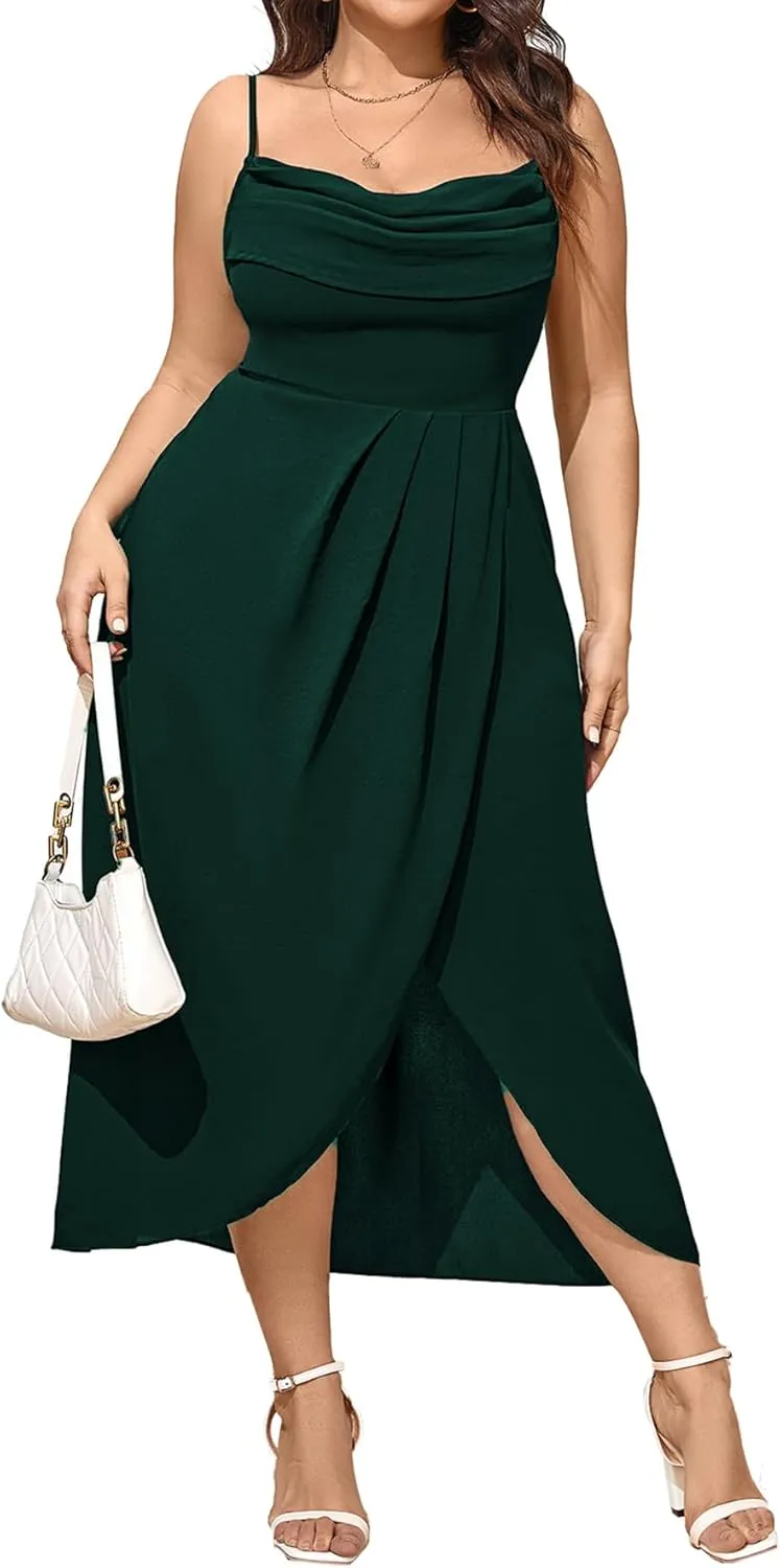 SCOMCHIC Women's Plus Size Dress Sleeveless Spaghetti Strap Cowl Neck Wrap Party Cocktail Cami Dress