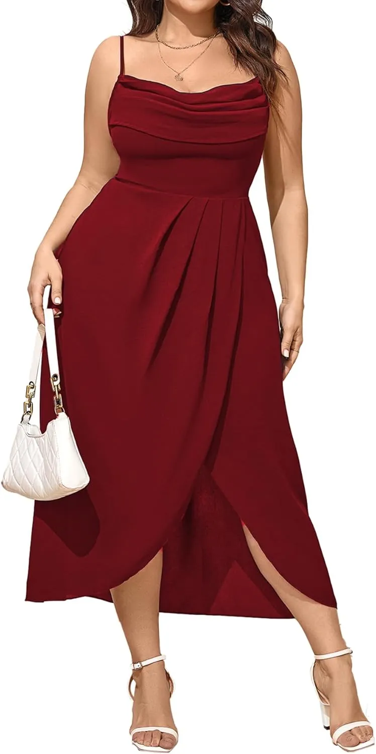 SCOMCHIC Women's Plus Size Dress Sleeveless Spaghetti Strap Cowl Neck Wrap Party Cocktail Cami Dress