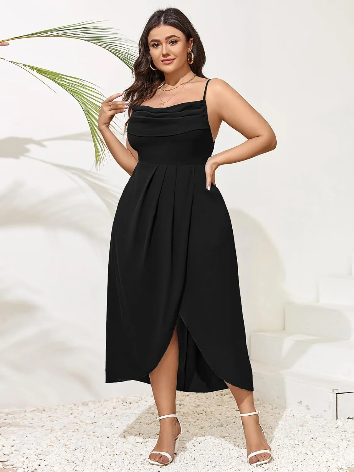 SCOMCHIC Women's Plus Size Dress Sleeveless Spaghetti Strap Cowl Neck Wrap Party Cocktail Cami Dress