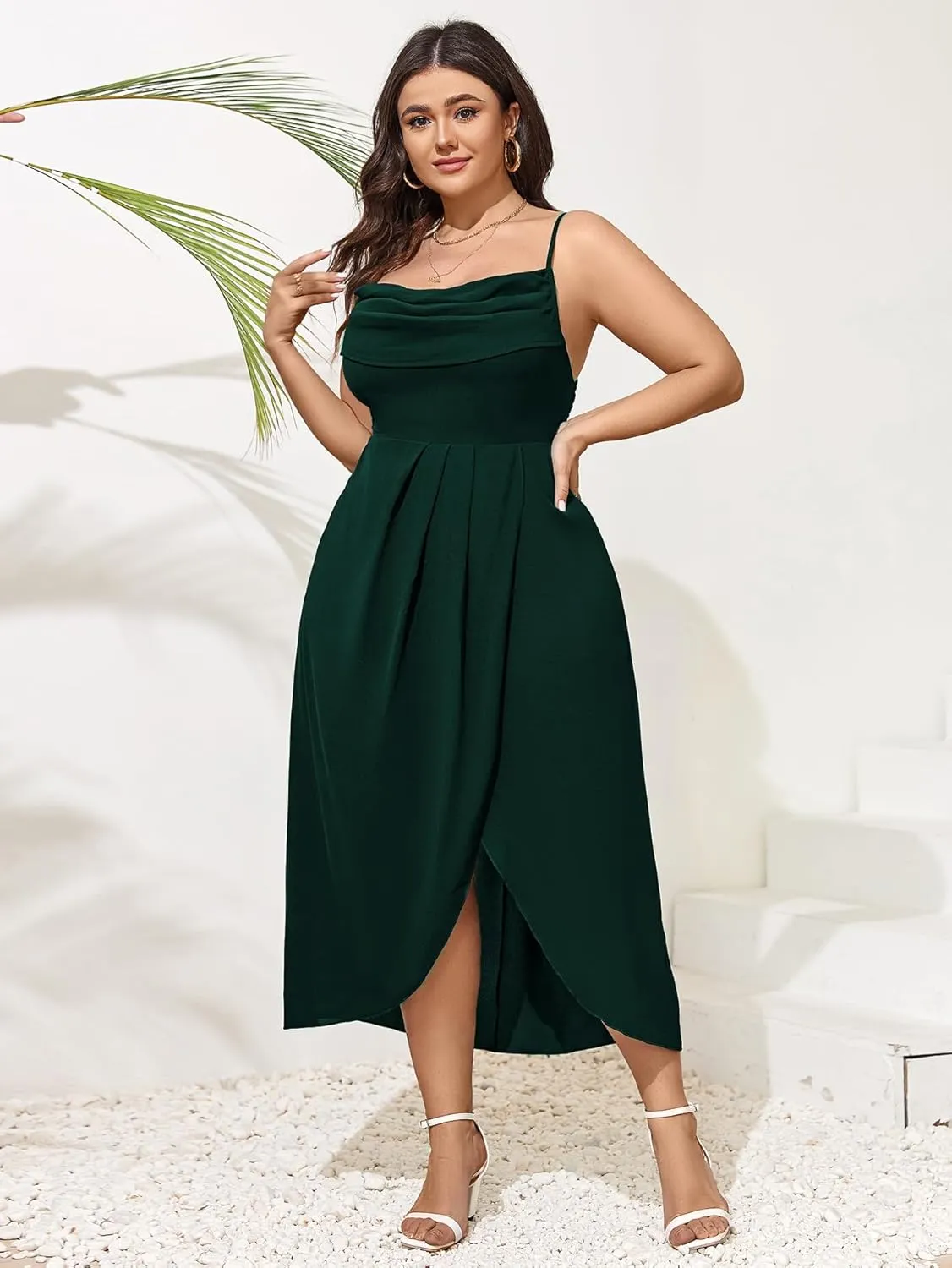 SCOMCHIC Women's Plus Size Dress Sleeveless Spaghetti Strap Cowl Neck Wrap Party Cocktail Cami Dress