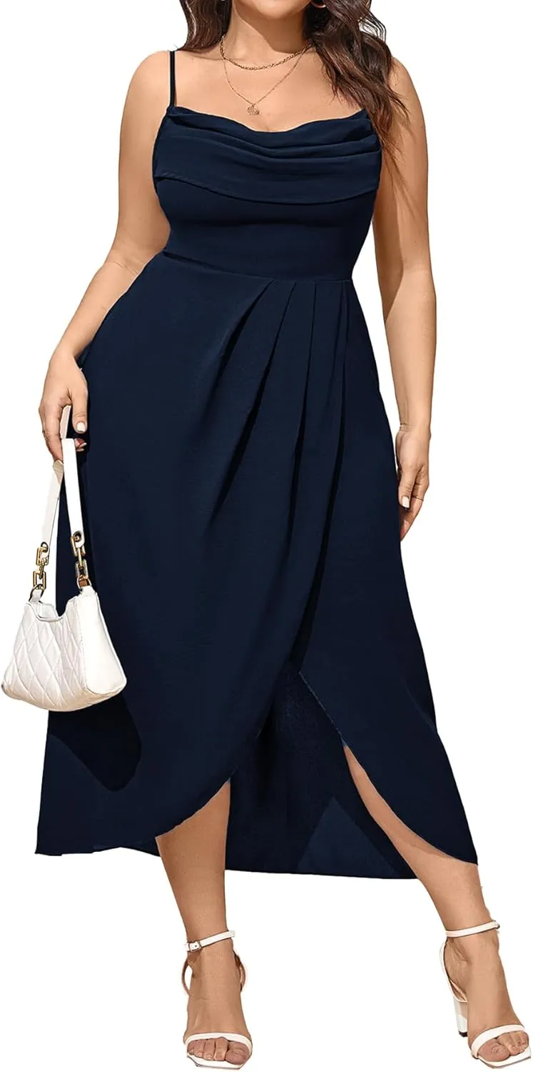 SCOMCHIC Women's Plus Size Dress Sleeveless Spaghetti Strap Cowl Neck Wrap Party Cocktail Cami Dress