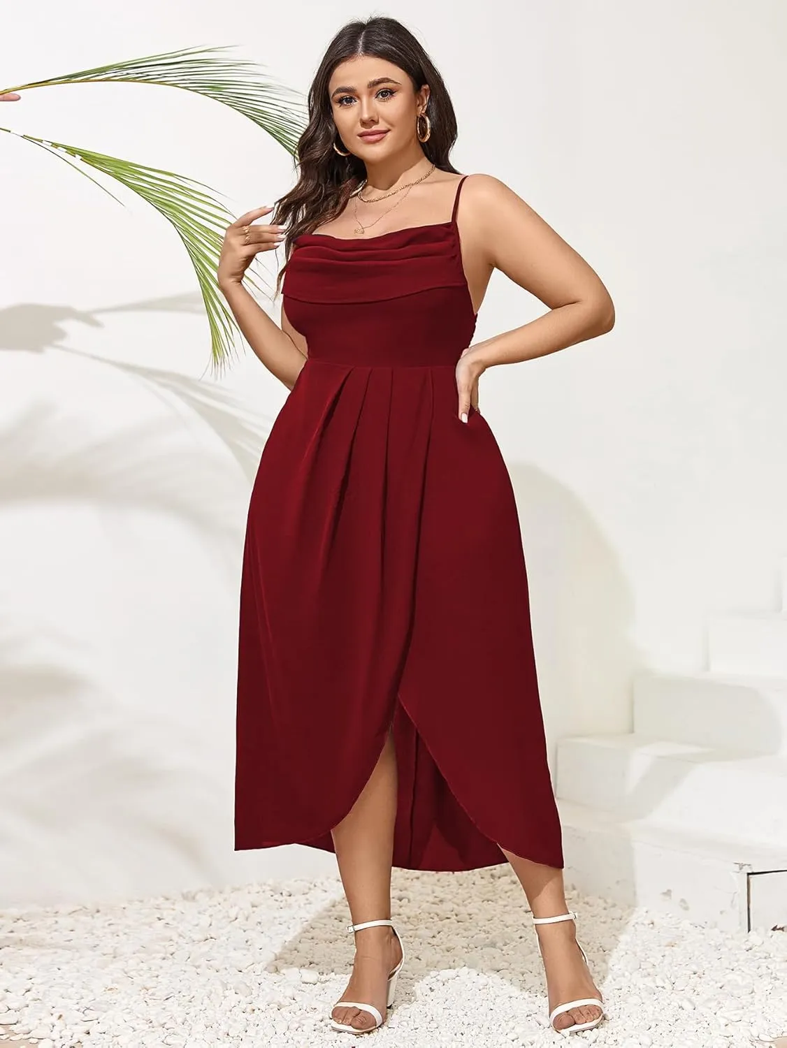 SCOMCHIC Women's Plus Size Dress Sleeveless Spaghetti Strap Cowl Neck Wrap Party Cocktail Cami Dress