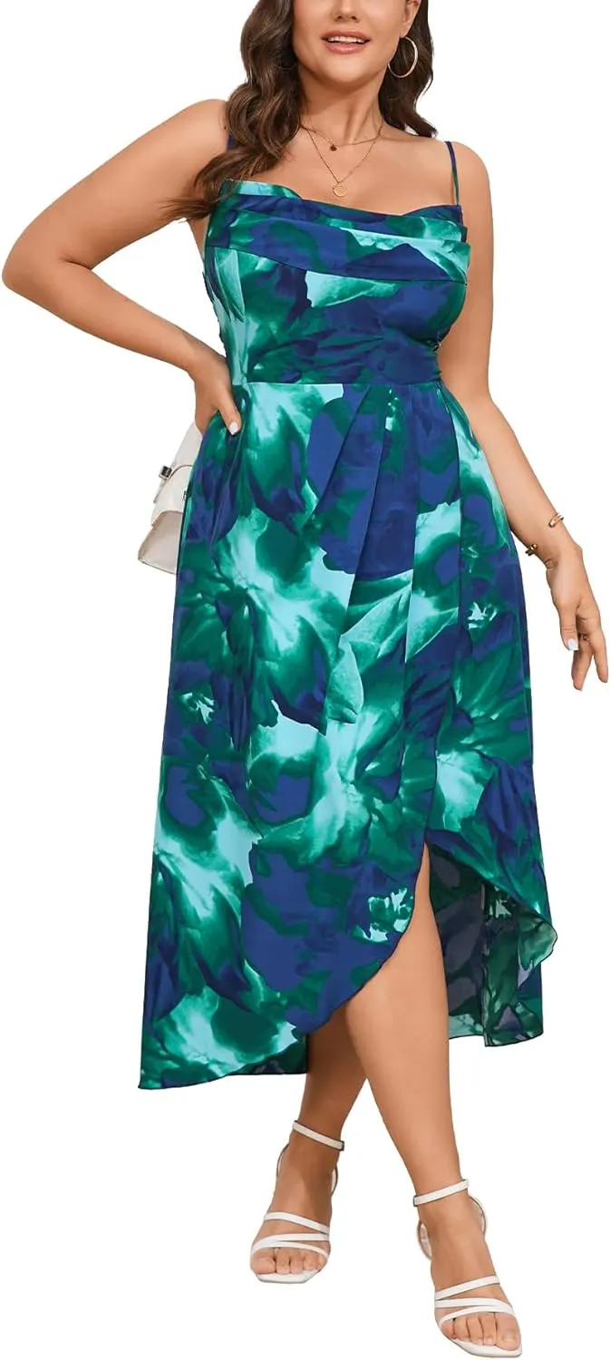 SCOMCHIC Women's Plus Size Dress Sleeveless Spaghetti Strap Cowl Neck Wrap Party Cocktail Cami Dress