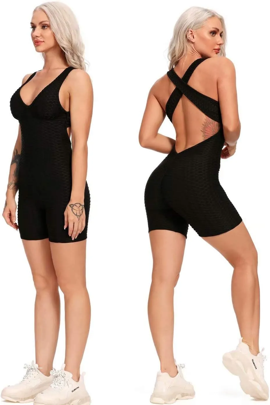 SEASUM Women Texture Bodysuit Sleevesless Sport One-Piece Backless Sexy Slimming Bodycon Rompers Jumpsuit M