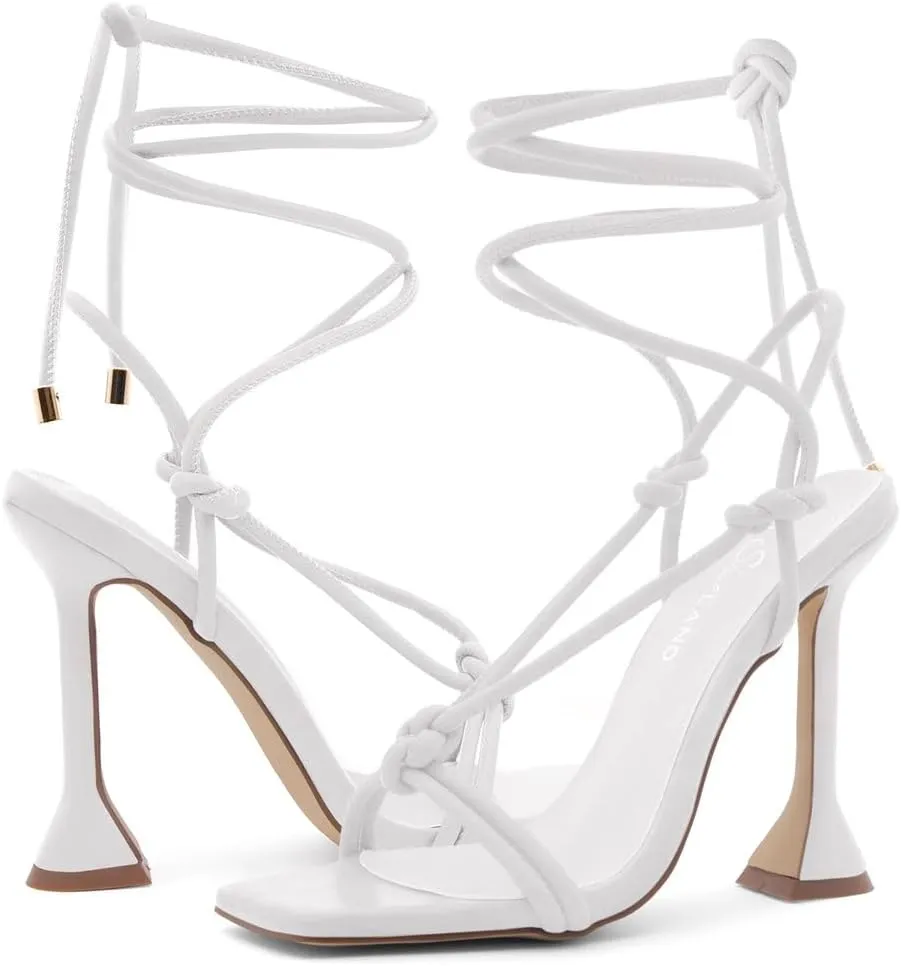 Shoe Land SL-Melody Women's Lace-Up Heels, Dressy Strappy High Heel Sandals, Square Open Toe with Tie-Up Ankle Wrap ?C Stiletto Heels for Prom, Party, and Wedding