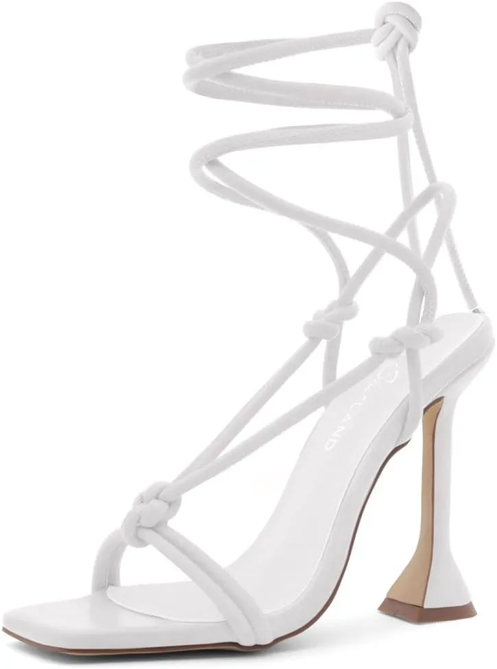 Shoe Land SL-Melody Women's Lace-Up Heels, Dressy Strappy High Heel Sandals, Square Open Toe with Tie-Up Ankle Wrap ?C Stiletto Heels for Prom, Party, and Wedding