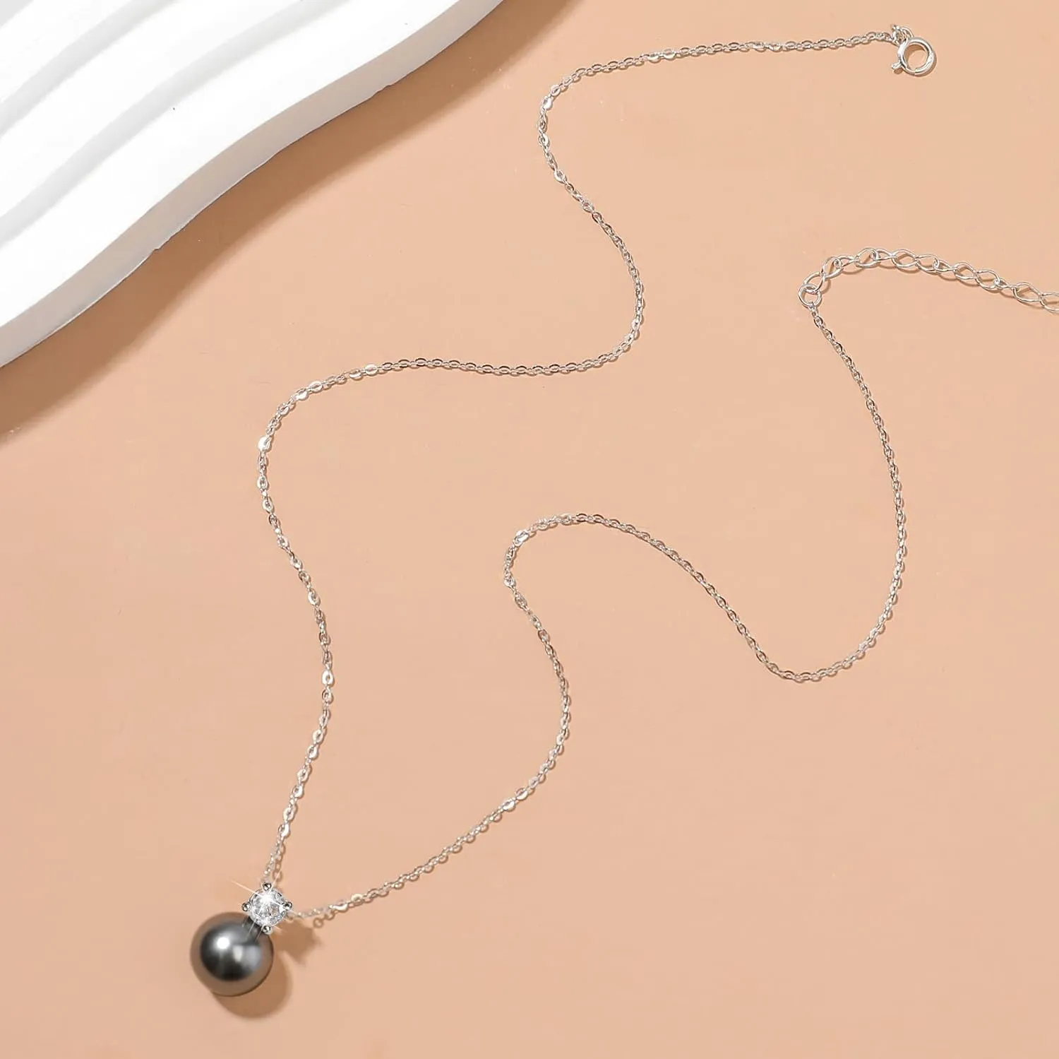 Single Black Pearl Pendant Necklace with Cubic Zirconia for Women S925 Sterling Silver Simple Crystal Pearl Drop Necklace Charm Chain CZ Pearl Chocker Necklace Wife Daughter Birthday Jewelry Gifts