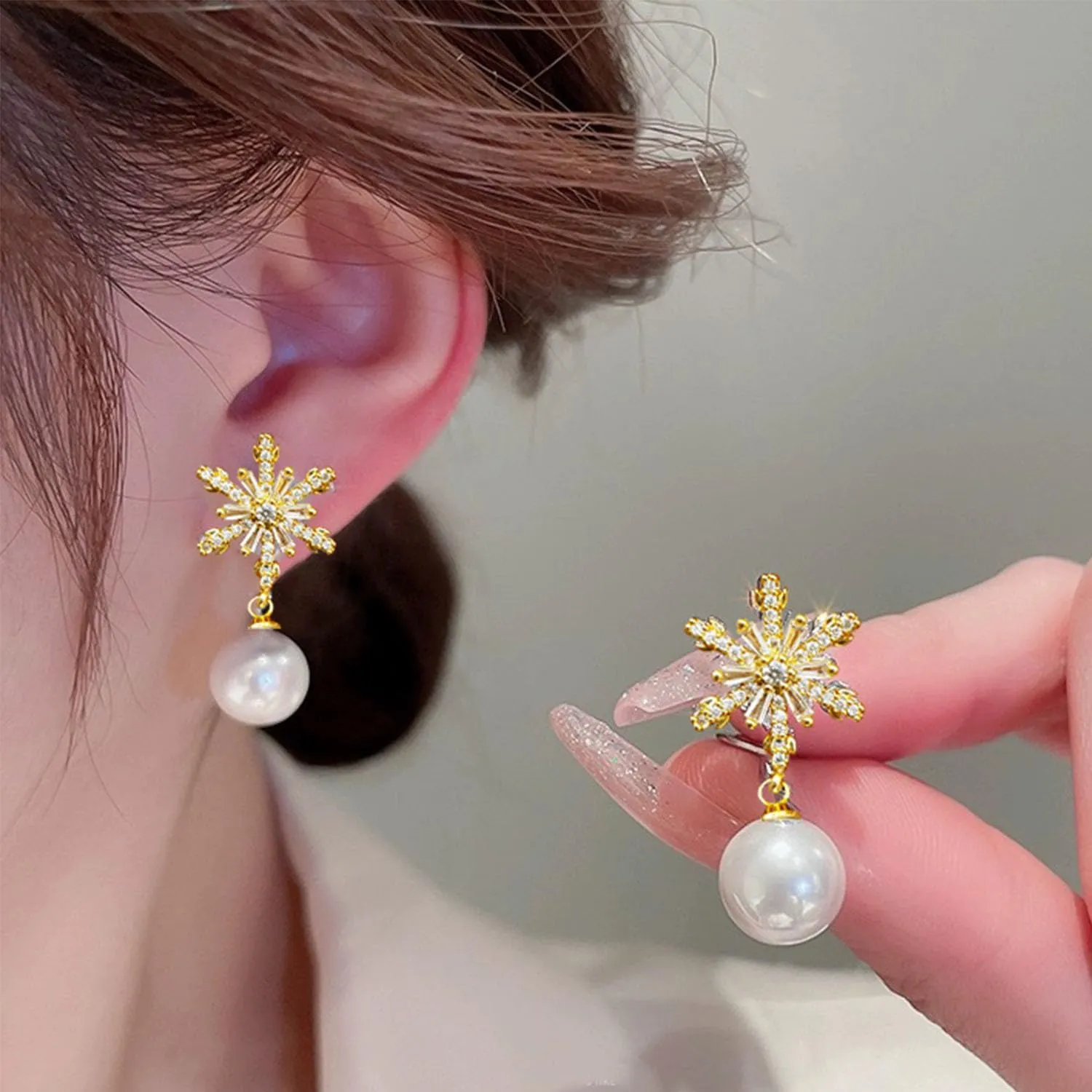Snowflake Earrings for Women Gold Snowflake Pearl Earrings Christmas Holiday Earrings Elegant Sparkly Winter Earrings Christmas Jewelry Gifts