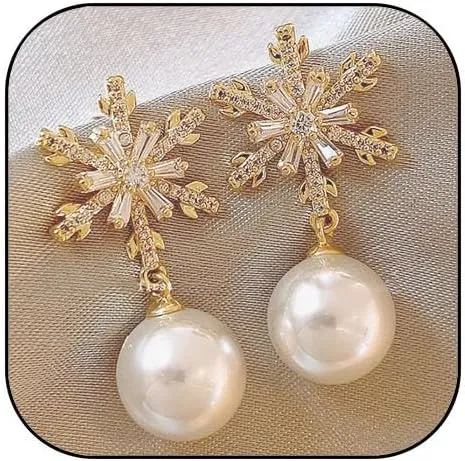 Snowflake Earrings for Women Gold Snowflake Pearl Earrings Christmas Holiday Earrings Elegant Sparkly Winter Earrings Christmas Jewelry Gifts