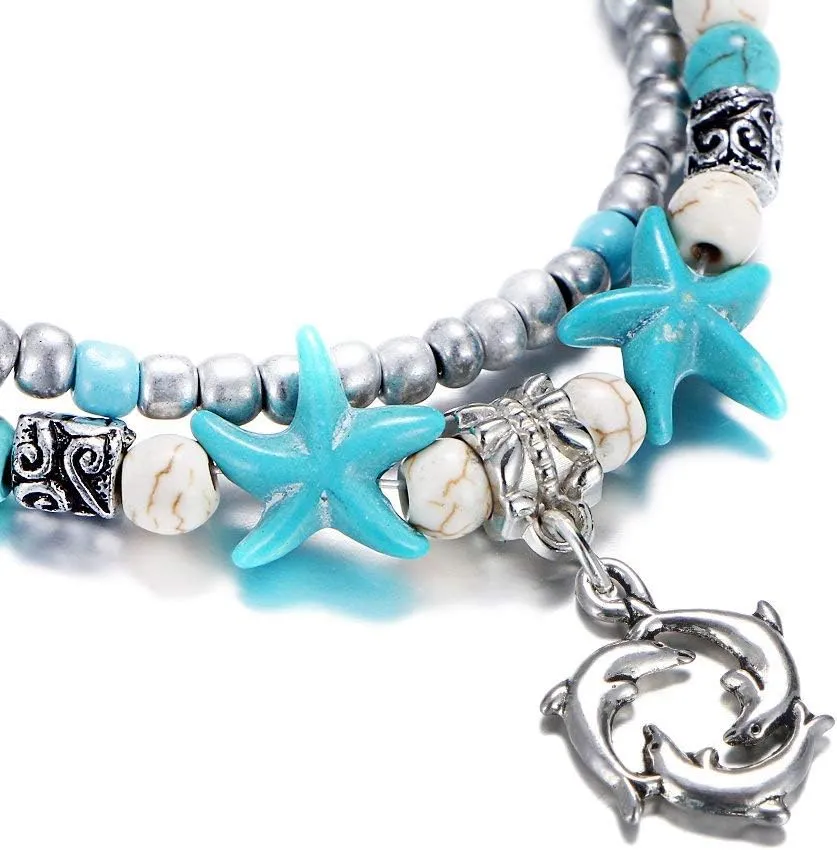 Softones Blue Starfish Turtle Anklet Multilayer Charm Beads Sea Handmade Boho Anklet Foot Jewelry for Women