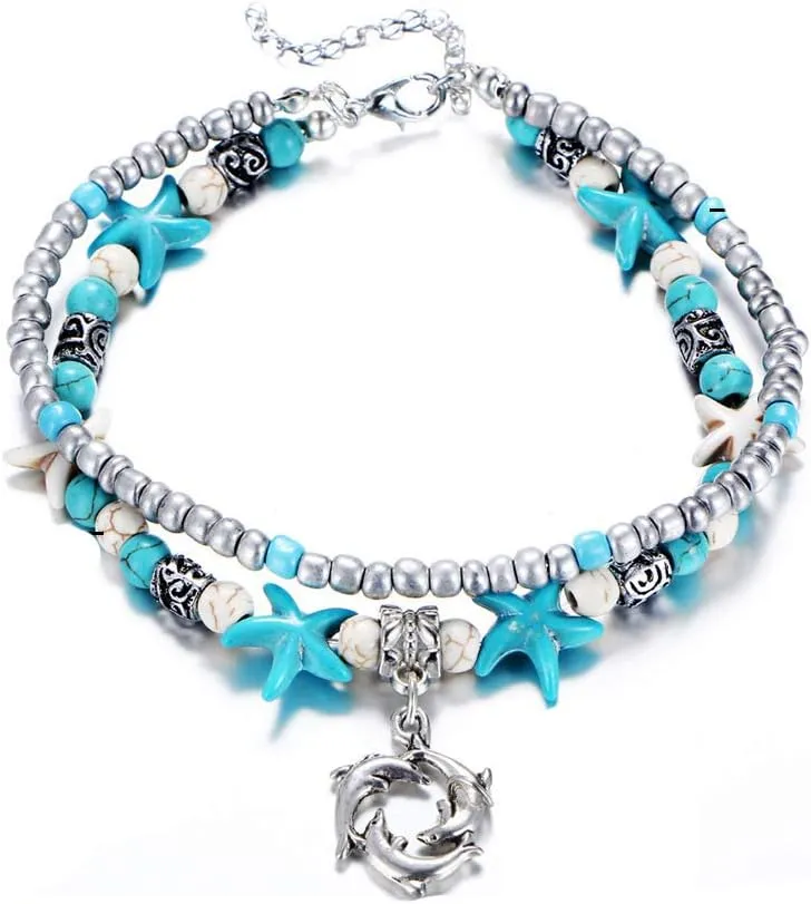 Softones Blue Starfish Turtle Anklet Multilayer Charm Beads Sea Handmade Boho Anklet Foot Jewelry for Women
