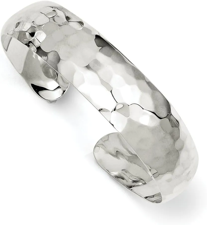 Solid 925 Sterling Silver 13.5mm Hammered Cuff Bangle Bracelet