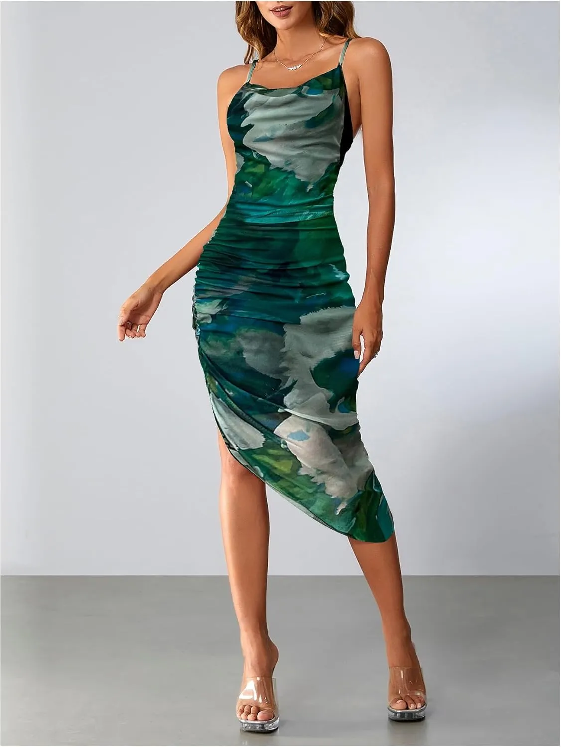 SOLY HUX Women's Tie Dye Cowl Neck Split Hem Bodycon Cami Dress Backless Long Dresses