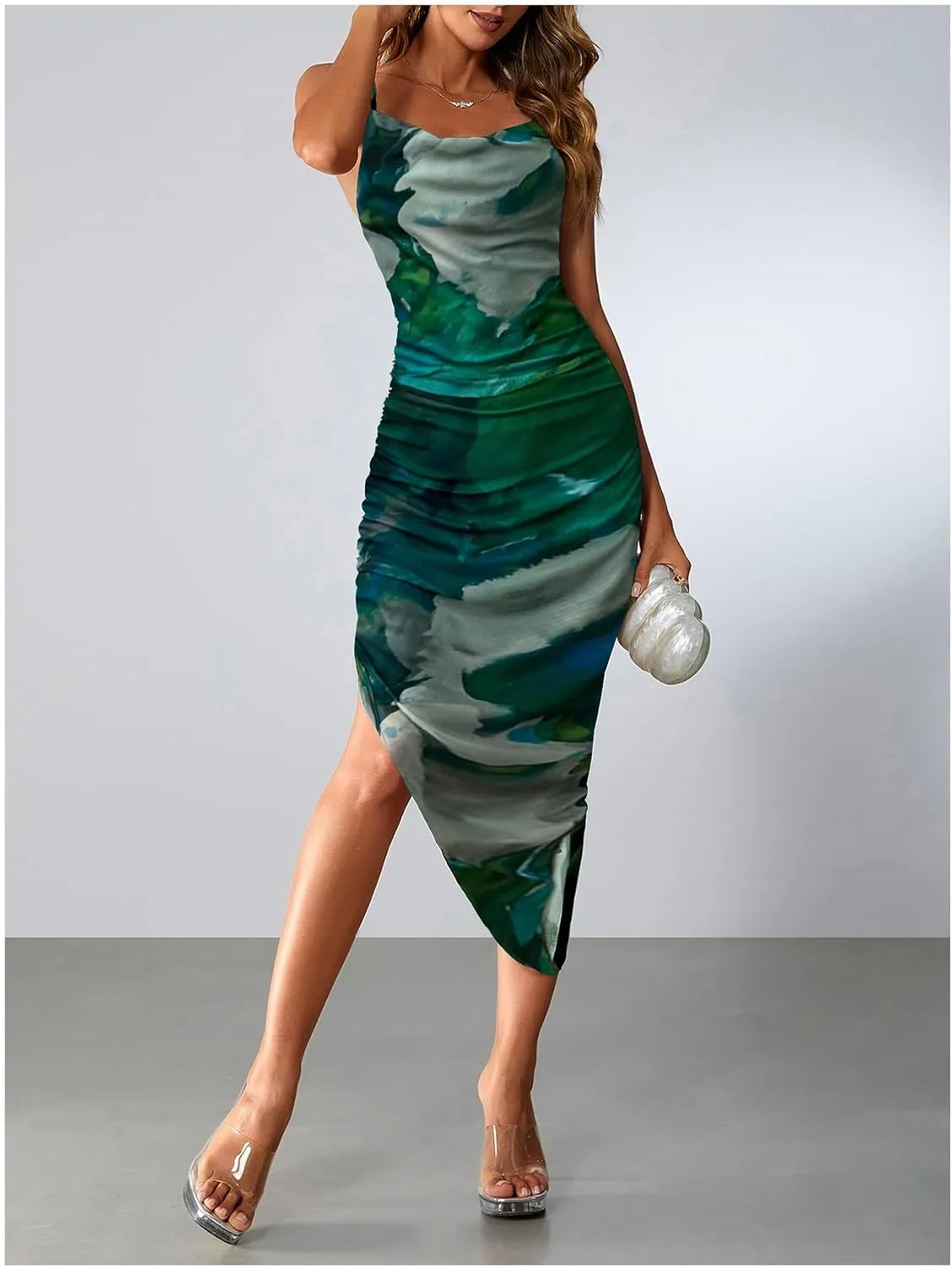SOLY HUX Women's Tie Dye Cowl Neck Split Hem Bodycon Cami Dress Backless Long Dresses