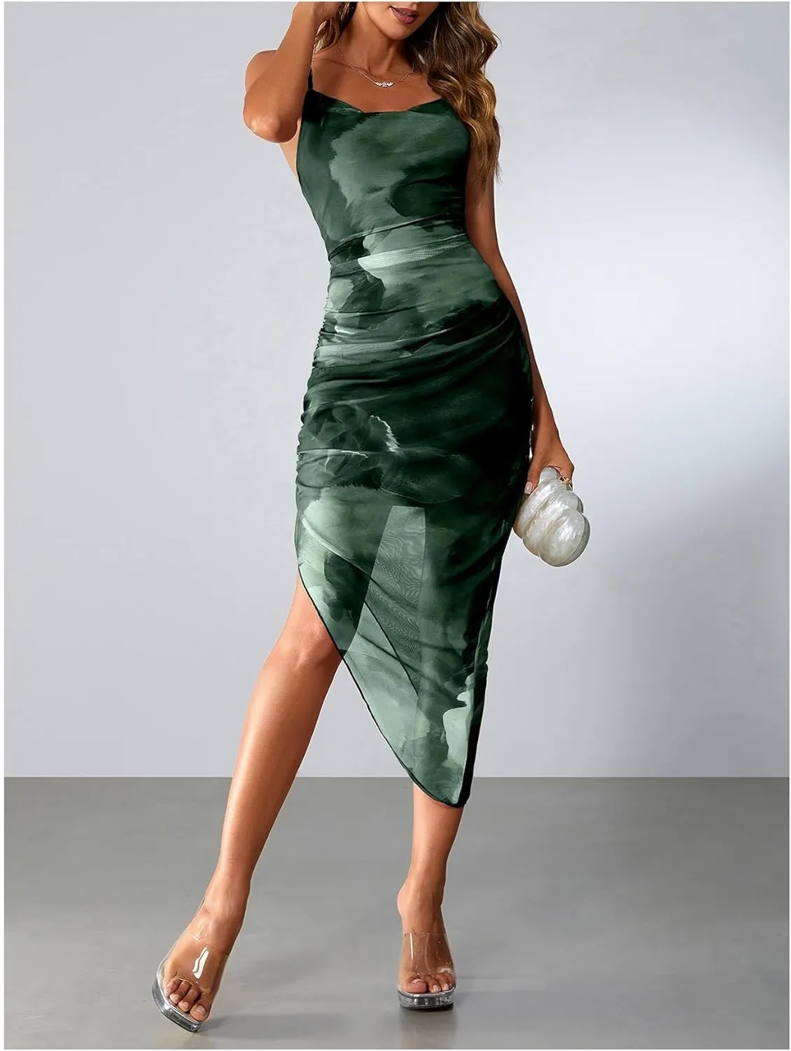 SOLY HUX Women's Tie Dye Cowl Neck Split Hem Bodycon Cami Dress Backless Long Dresses