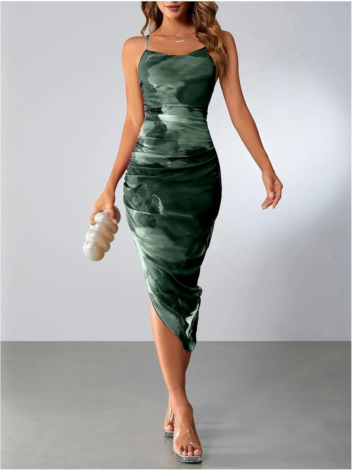 SOLY HUX Women's Tie Dye Cowl Neck Split Hem Bodycon Cami Dress Backless Long Dresses