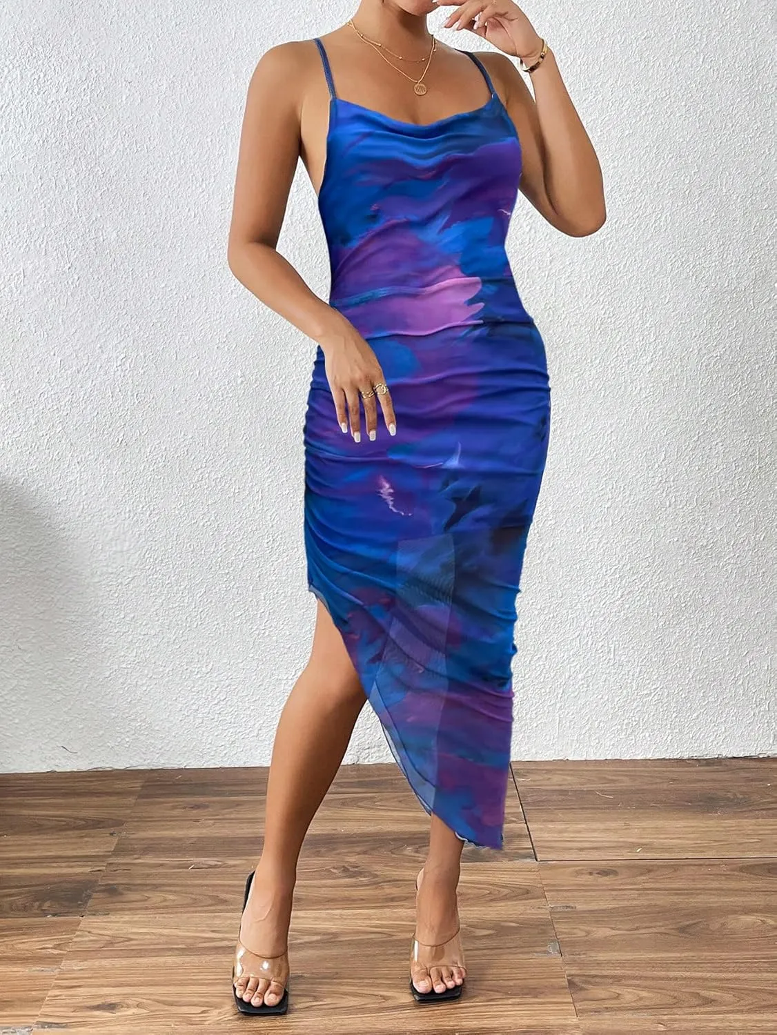 SOLY HUX Women's Tie Dye Cowl Neck Split Hem Bodycon Cami Dress Backless Long Dresses