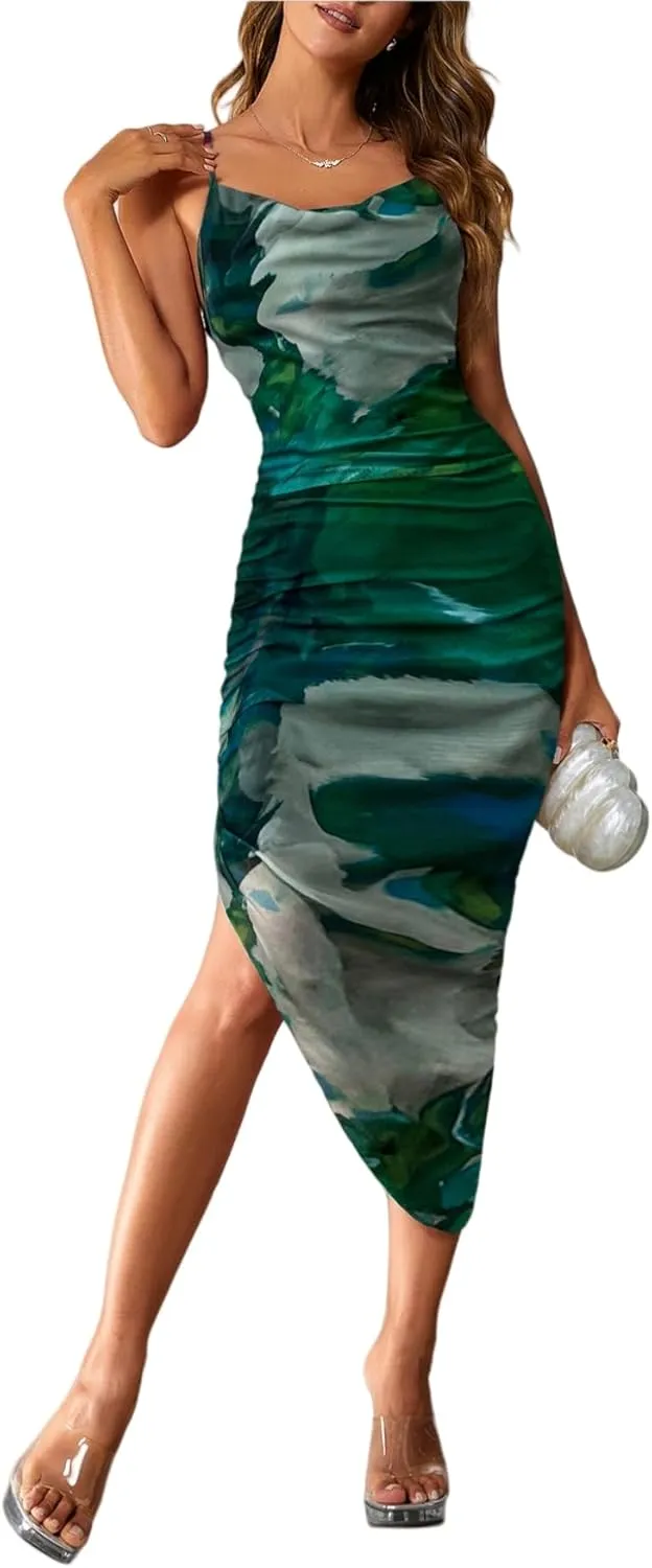 SOLY HUX Women's Tie Dye Cowl Neck Split Hem Bodycon Cami Dress Backless Long Dresses