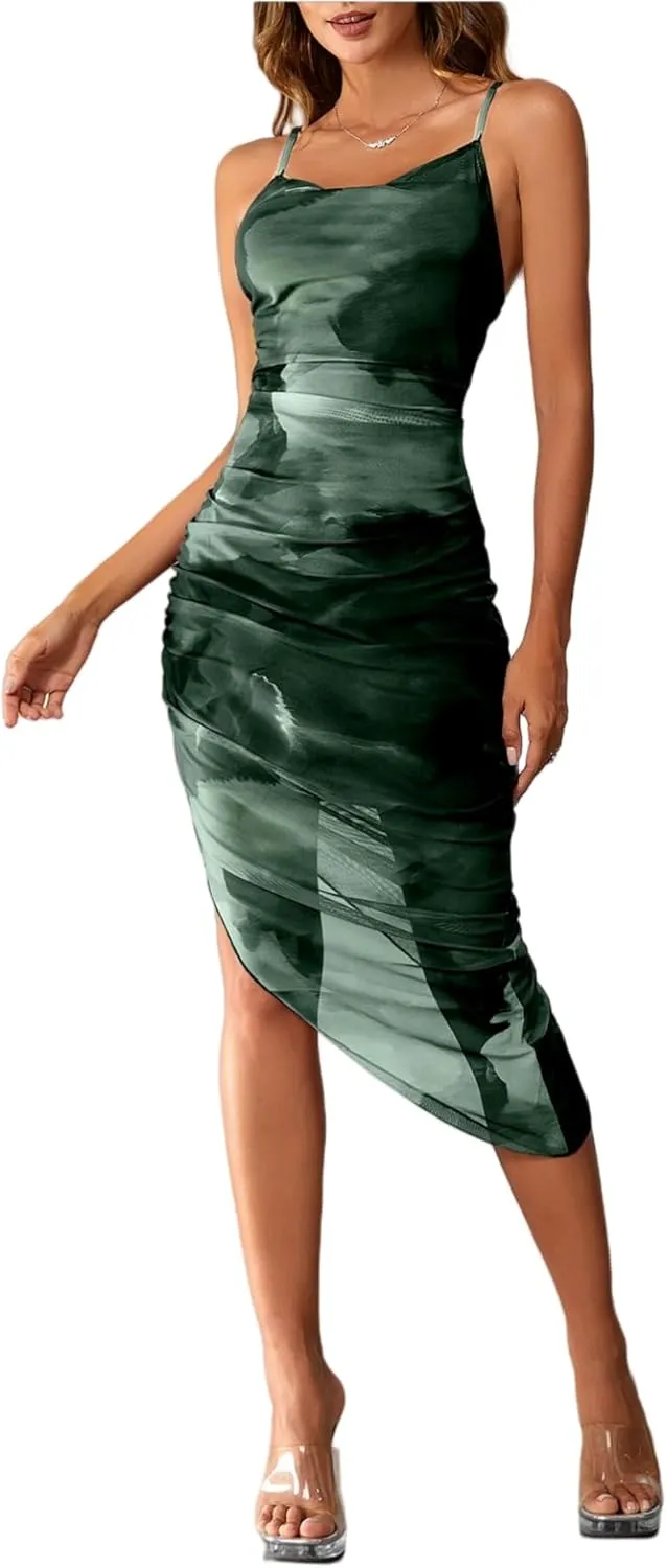 SOLY HUX Women's Tie Dye Cowl Neck Split Hem Bodycon Cami Dress Backless Long Dresses