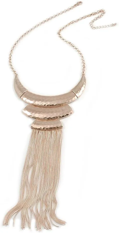 Statement Hammered Bib with Long Fringe Necklace In Rose Gold Metal - 46cm L/ 8cm Ext
