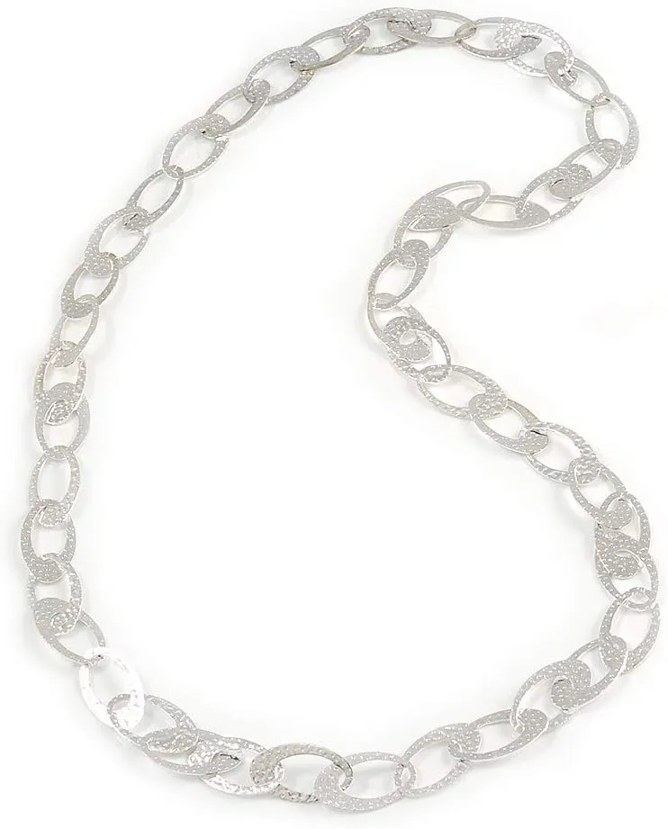Statement Hammered Oval Link Long Necklace In Light Silver Tone - 82cm L