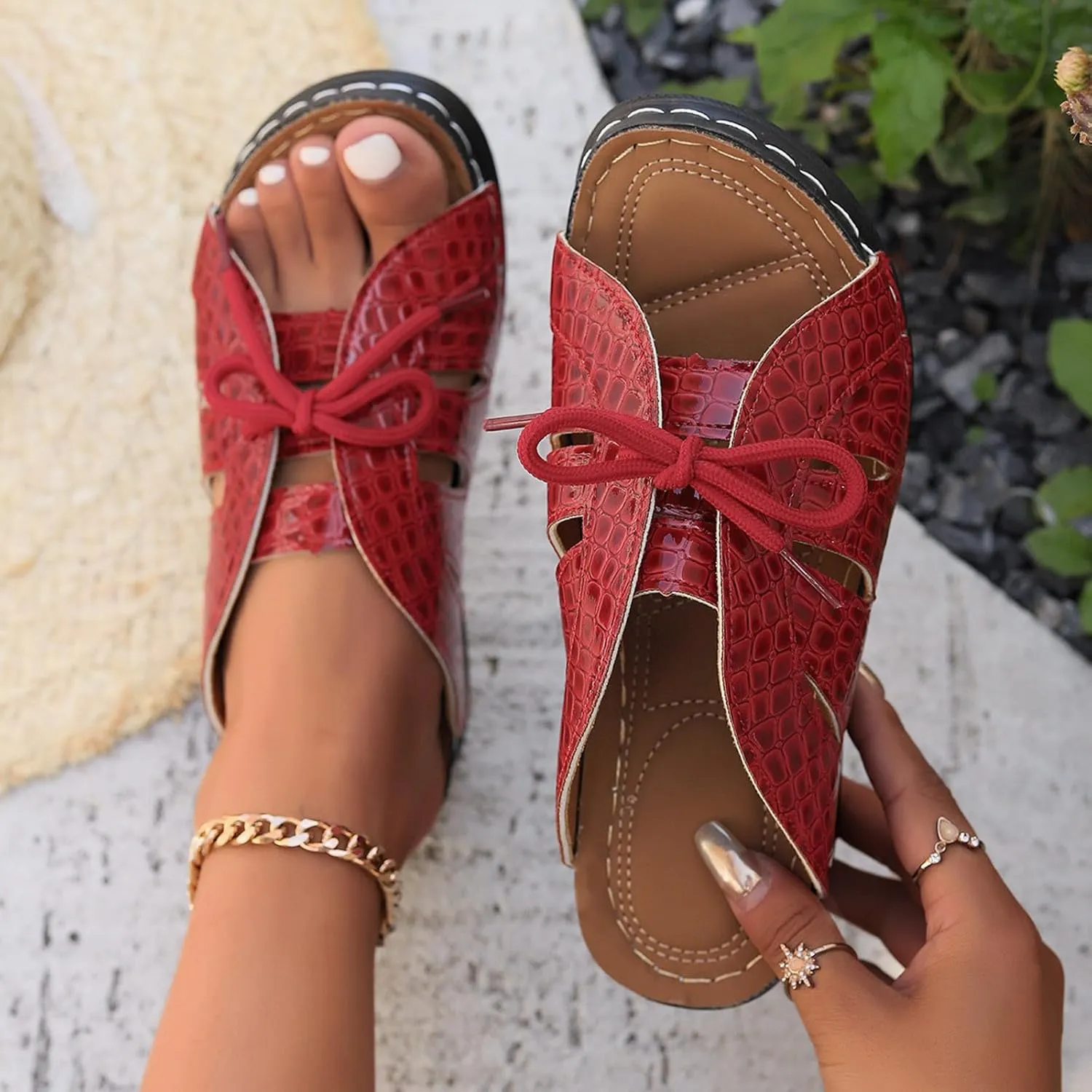 SuanlaTDS Orthopedic Wedge Sandals for Women 2025 Summer Dressy Casual Platform Lace Up Open Toe Beach Shoes Thick Sole Slip On Sldies Wedges Comfortable Outdoor Walking Slide Sandal