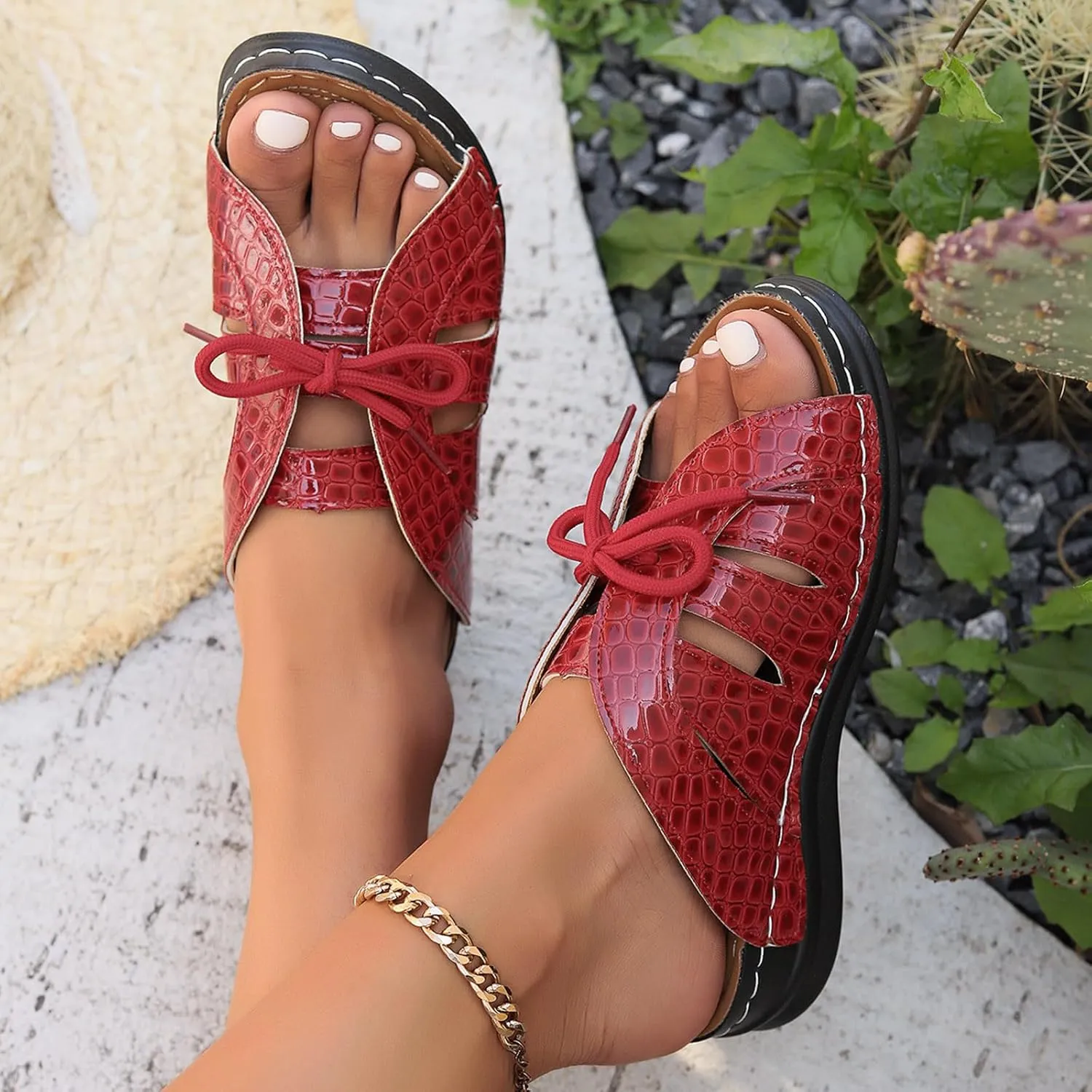 SuanlaTDS Orthopedic Wedge Sandals for Women 2025 Summer Dressy Casual Platform Lace Up Open Toe Beach Shoes Thick Sole Slip On Sldies Wedges Comfortable Outdoor Walking Slide Sandal