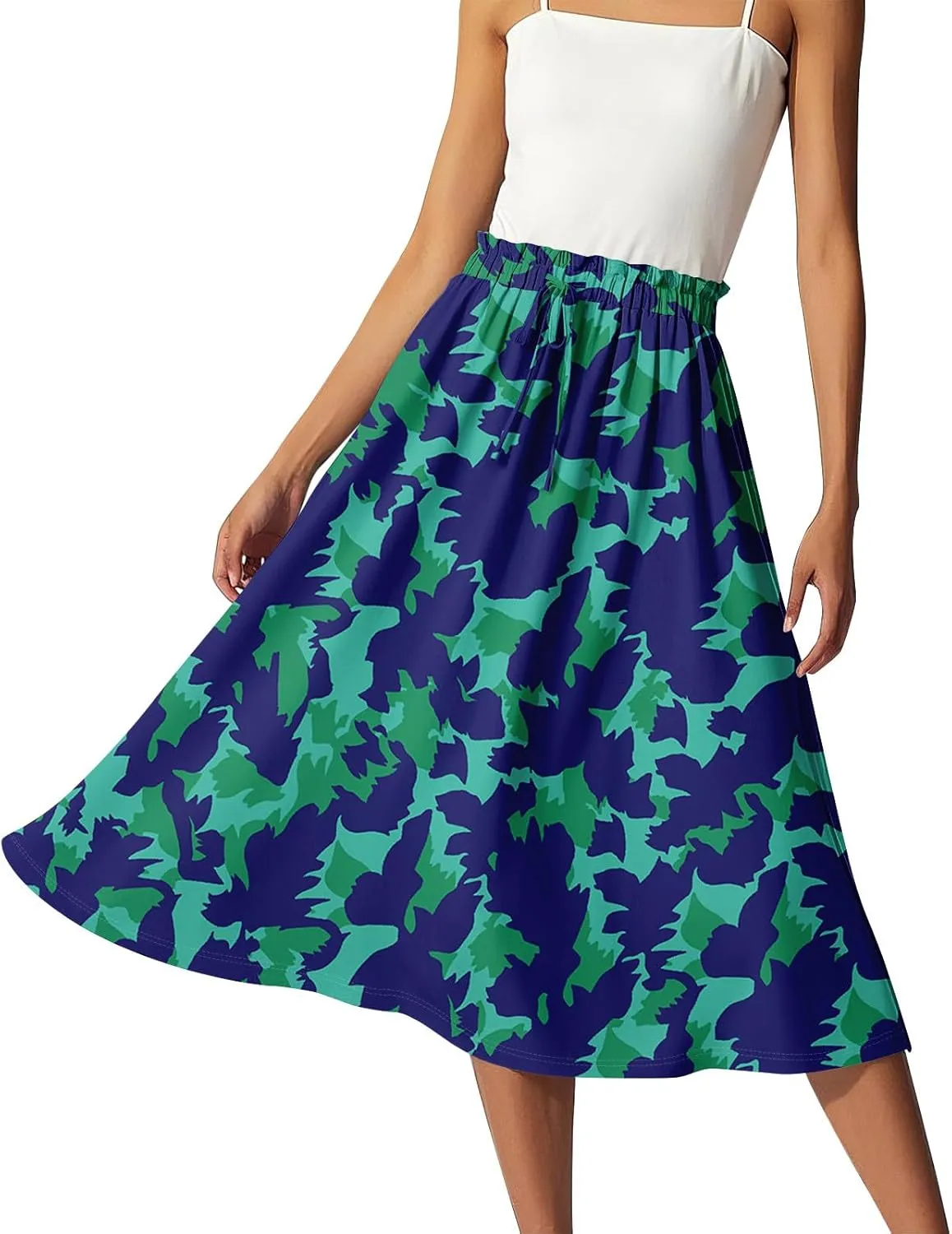 Summer Skirts for Women Midi Boho Drawstring Elastic High Waist Knee Length Skirts A Line Floral Pleated Skirt
