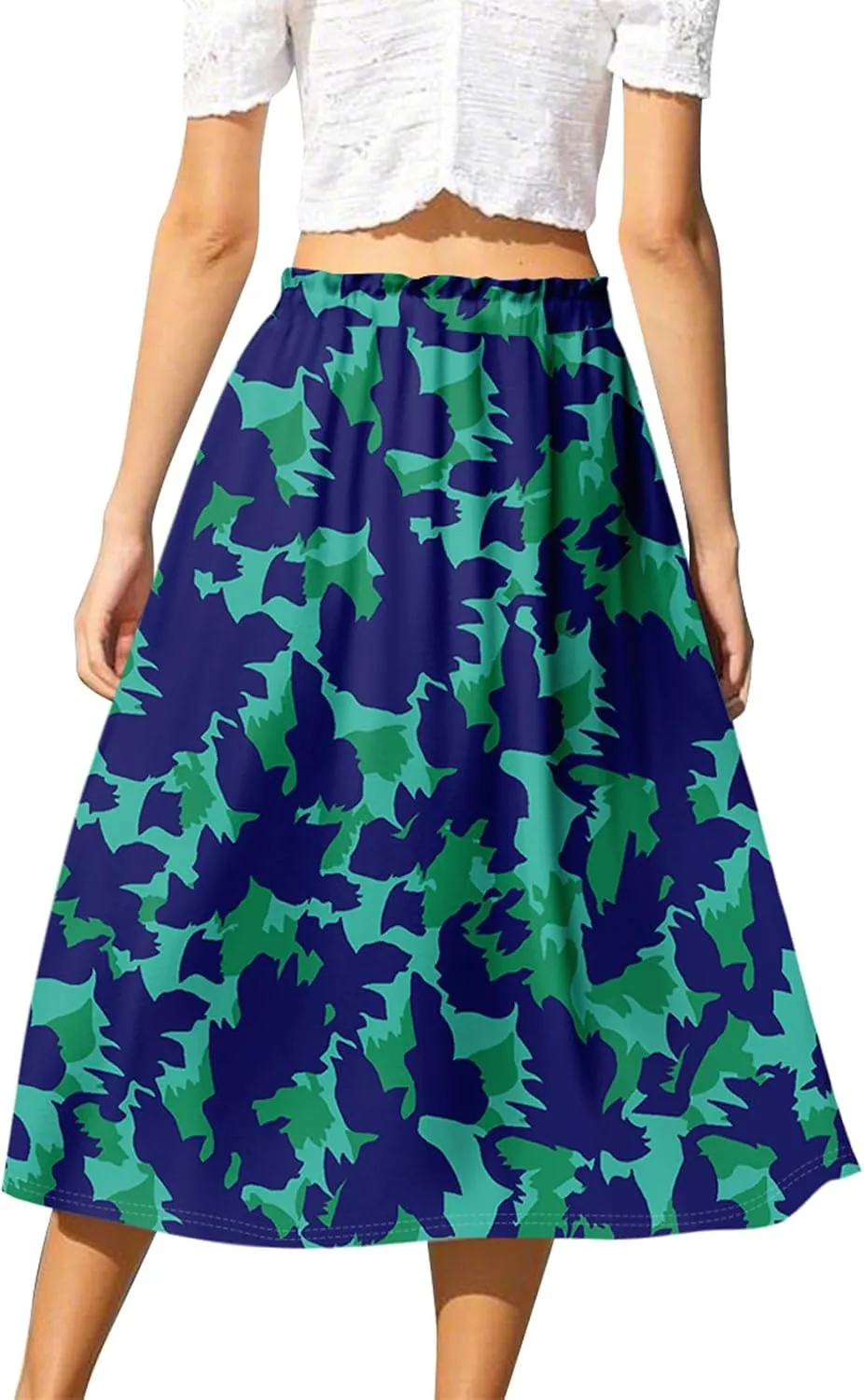 Summer Skirts for Women Midi Boho Drawstring Elastic High Waist Knee Length Skirts A Line Floral Pleated Skirt