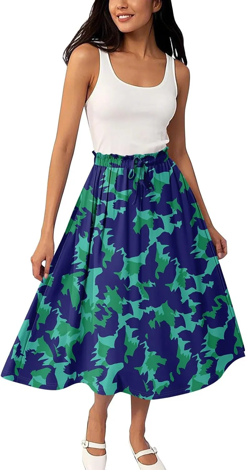 Summer Skirts for Women Midi Boho Drawstring Elastic High Waist Knee Length Skirts A Line Floral Pleated Skirt