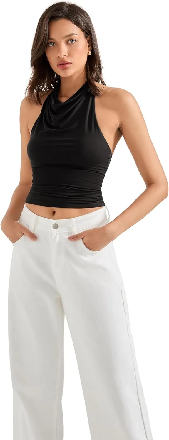 SUUKSESS Women Halter Backless Tank Tops Sexy Cowl Neck Summer Going Out Cami Tops