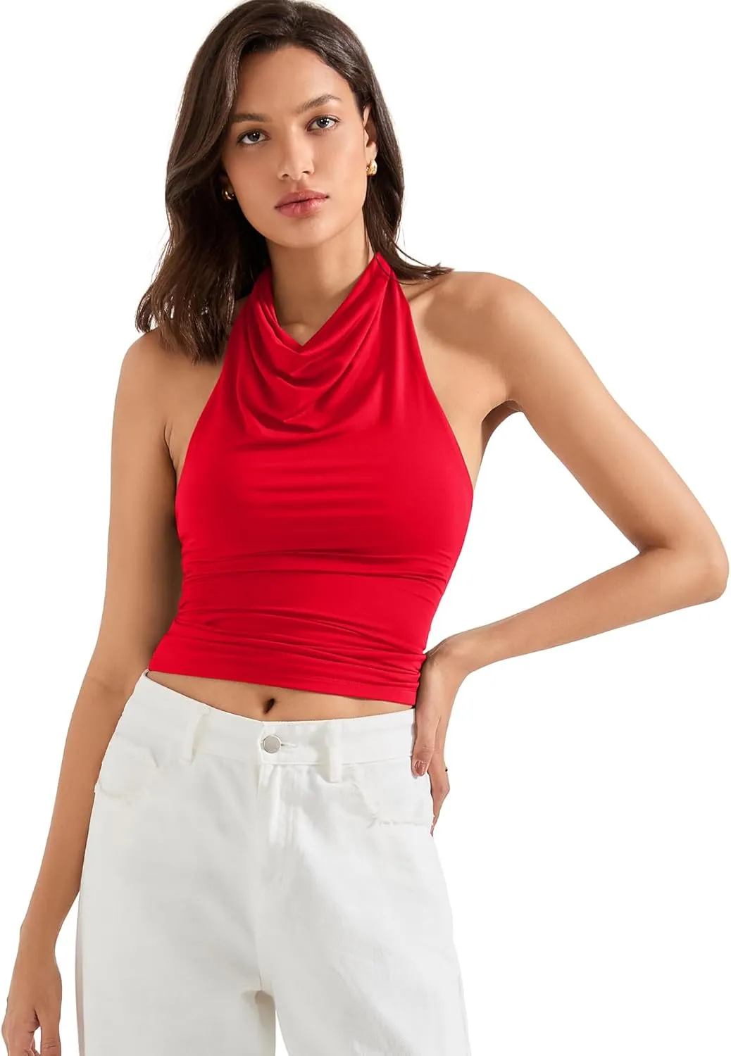 SUUKSESS Women Halter Backless Tank Tops Sexy Cowl Neck Summer Going Out Cami Tops