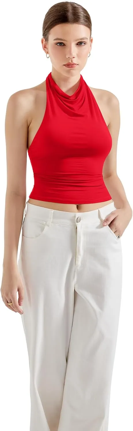 SUUKSESS Women Halter Backless Tank Tops Sexy Cowl Neck Summer Going Out Cami Tops