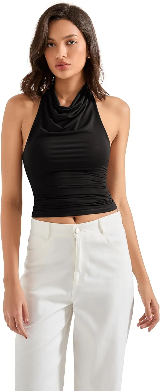 SUUKSESS Women Halter Backless Tank Tops Sexy Cowl Neck Summer Going Out Cami Tops