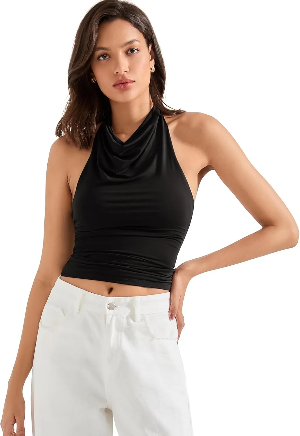 SUUKSESS Women Halter Backless Tank Tops Sexy Cowl Neck Summer Going Out Cami Tops