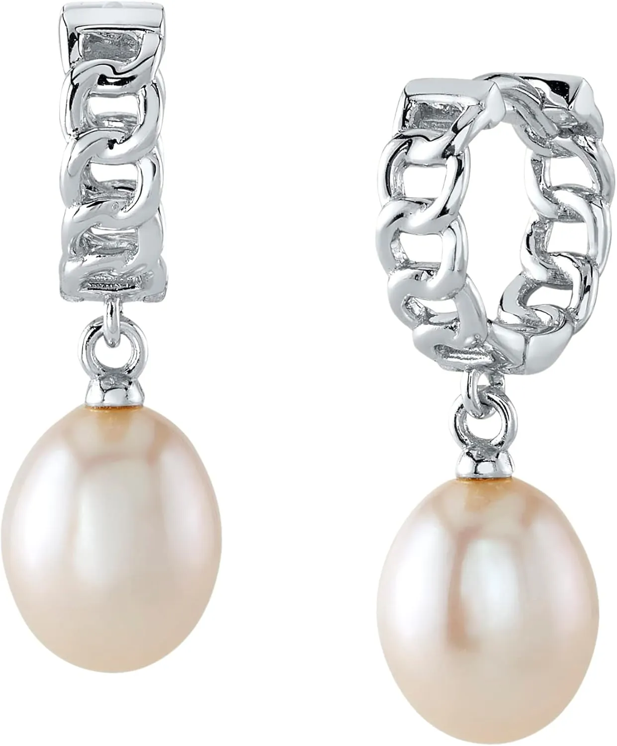 THE PEARL SOURCE Dangle Silver Chain Hoop Earrings for Women ??Pearl Dangle Lightweight Huggie Drop Sterling Silver Dainty Earrings ??Perfect Blend of Style and Elegance, 8.5-9.0mm