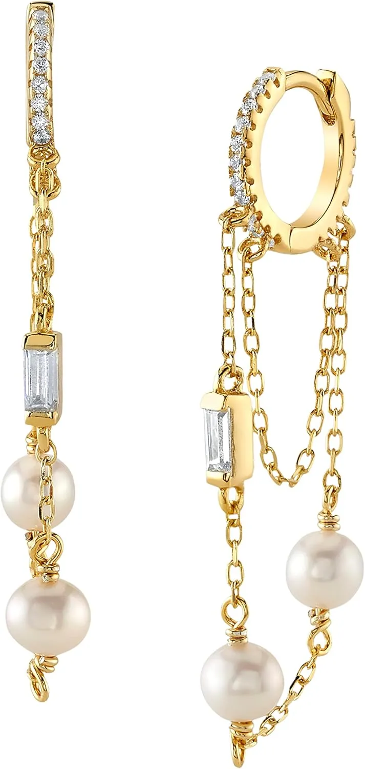 THE PEARL SOURCE Tassel Gold Chain Drop Hoop Earrings For Women - Lightweight Dangle 14K Yellow Gold Plated Chain Dainty Earrings - Add a Touch of Elegance to Your Outfit, 4.5-5.0mm
