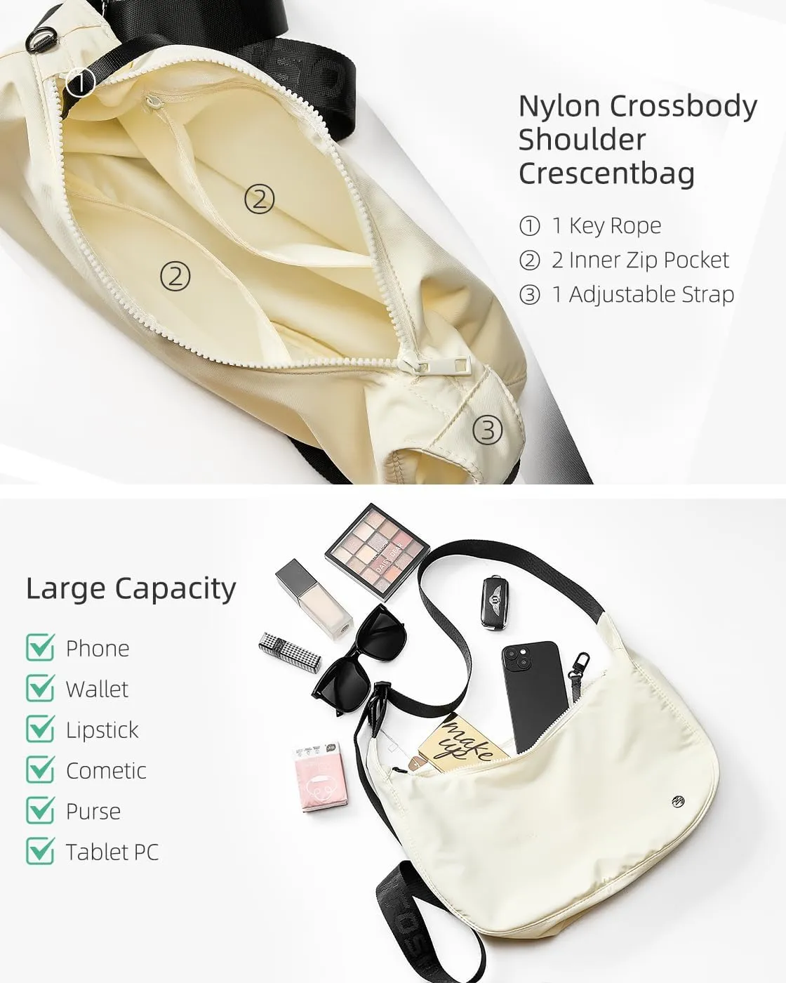 Titosha Medium Nylon Crescent Crossbody Bag for Women with Extended Adjustable Shoulder strap