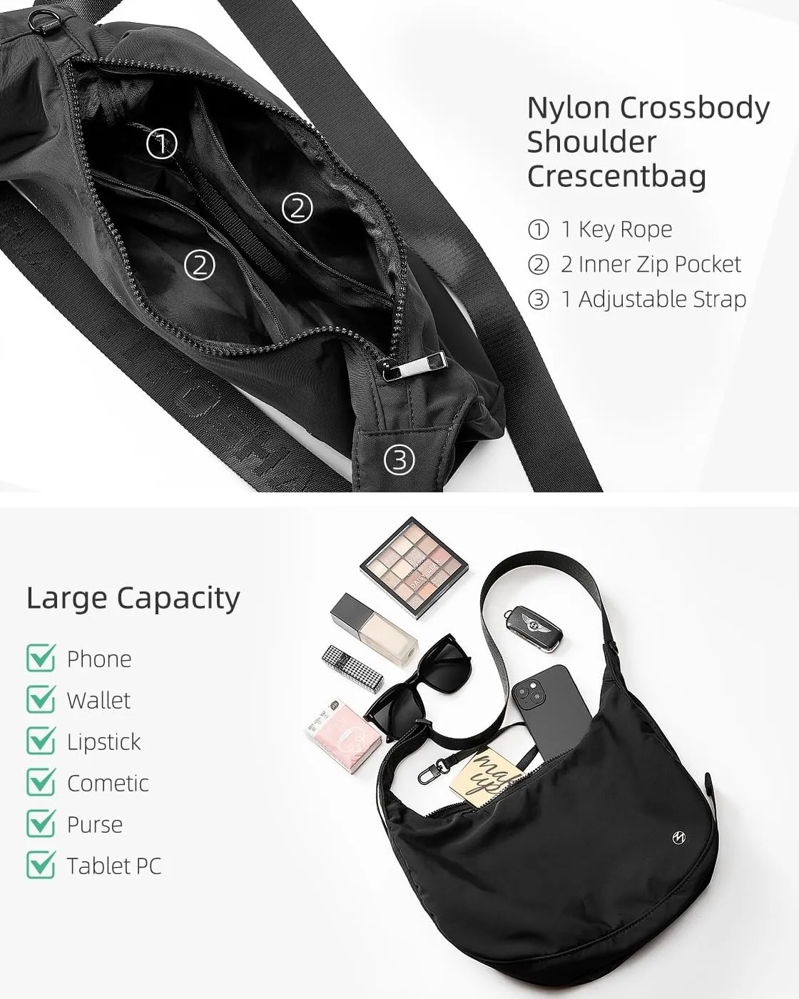 Titosha Medium Nylon Crescent Crossbody Bag for Women with Extended Adjustable Shoulder strap