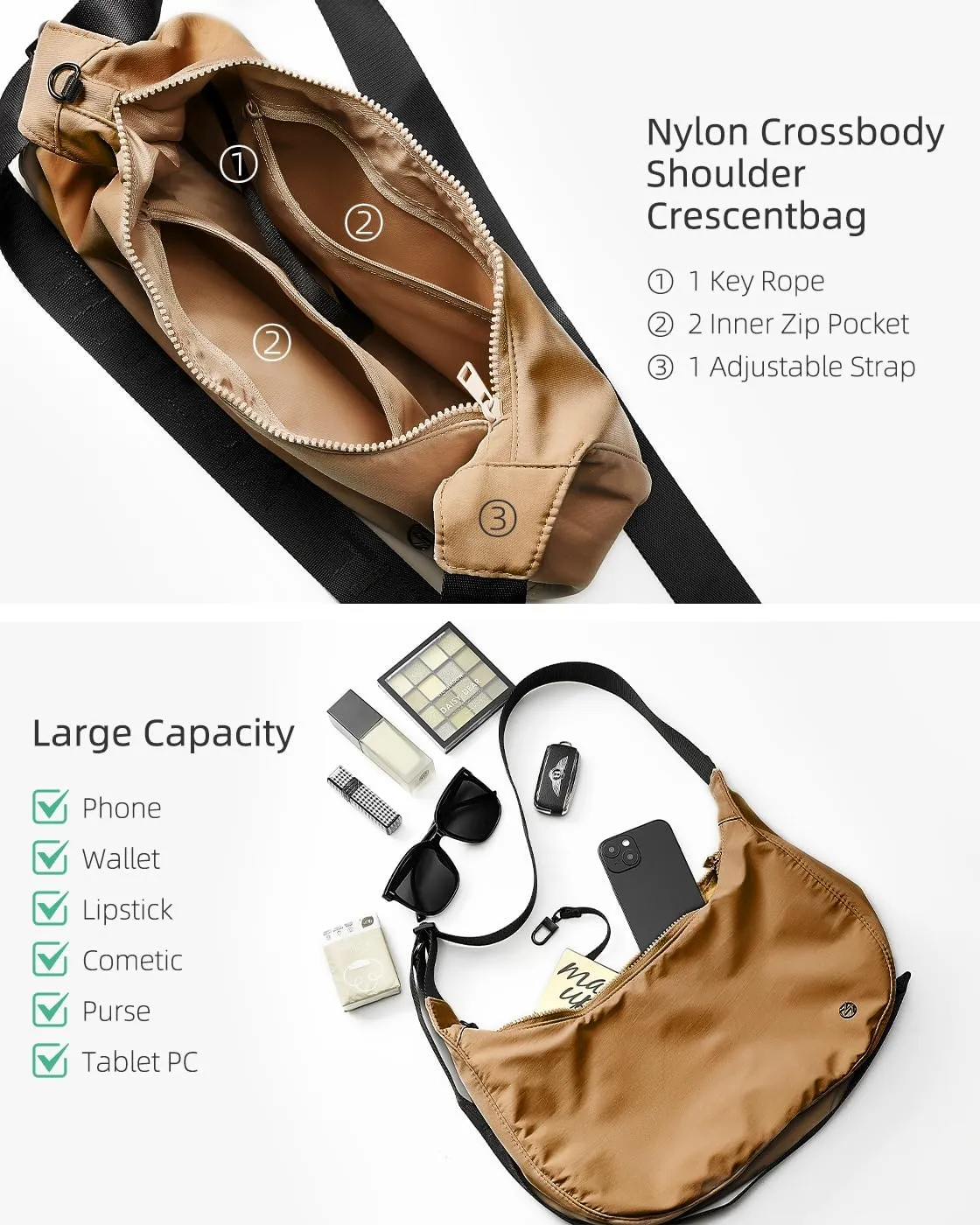 Titosha Medium Nylon Crescent Crossbody Bag for Women with Extended Adjustable Shoulder strap