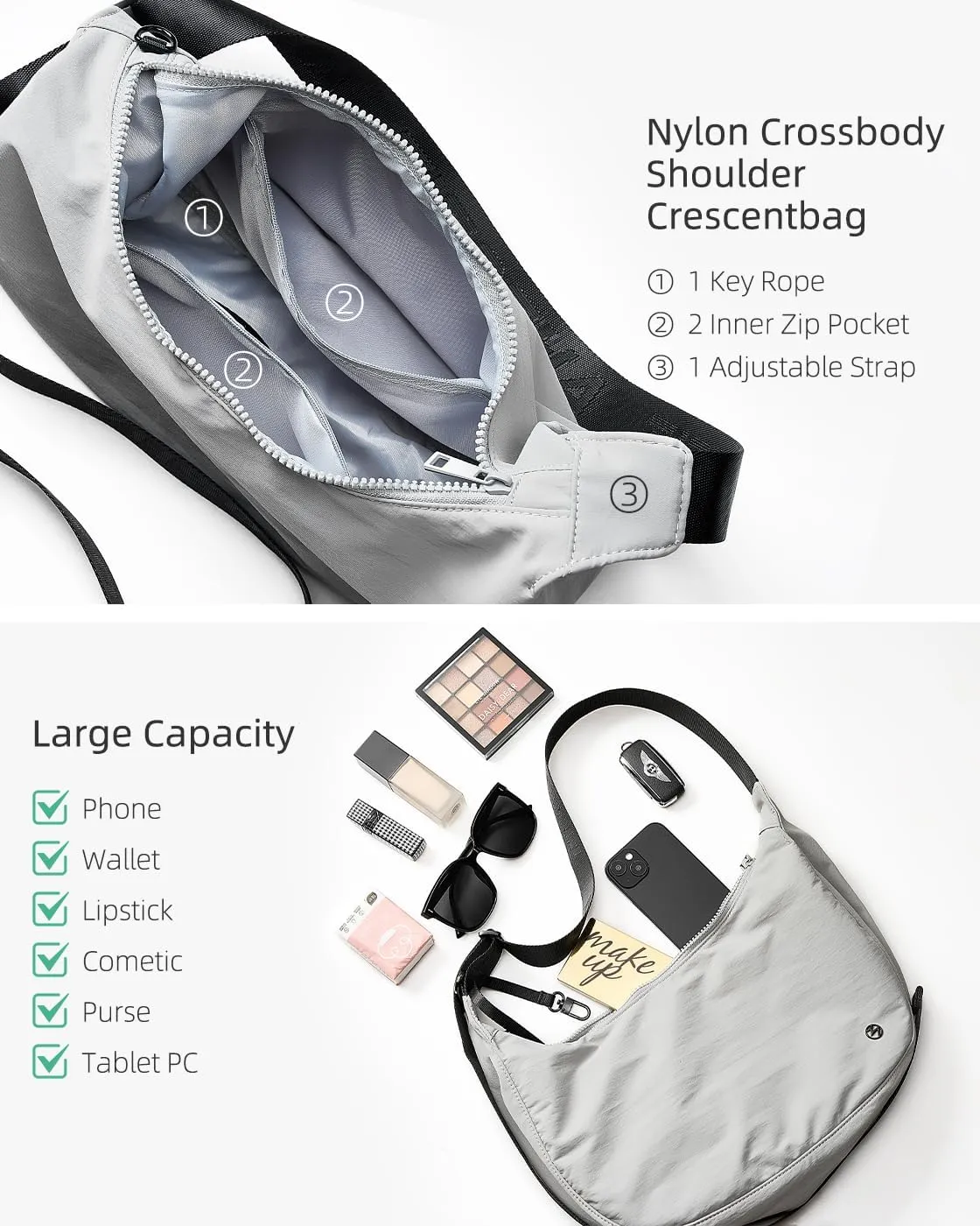 Titosha Medium Nylon Crescent Crossbody Bag for Women with Extended Adjustable Shoulder strap