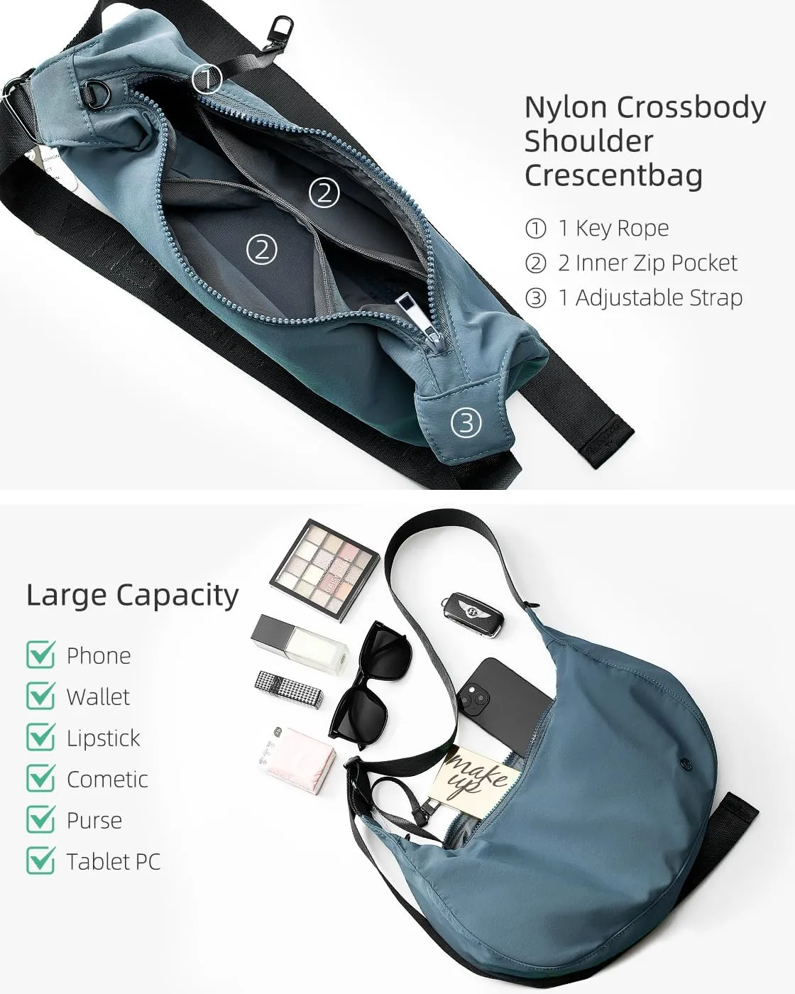 Titosha Medium Nylon Crescent Crossbody Bag for Women with Extended Adjustable Shoulder strap