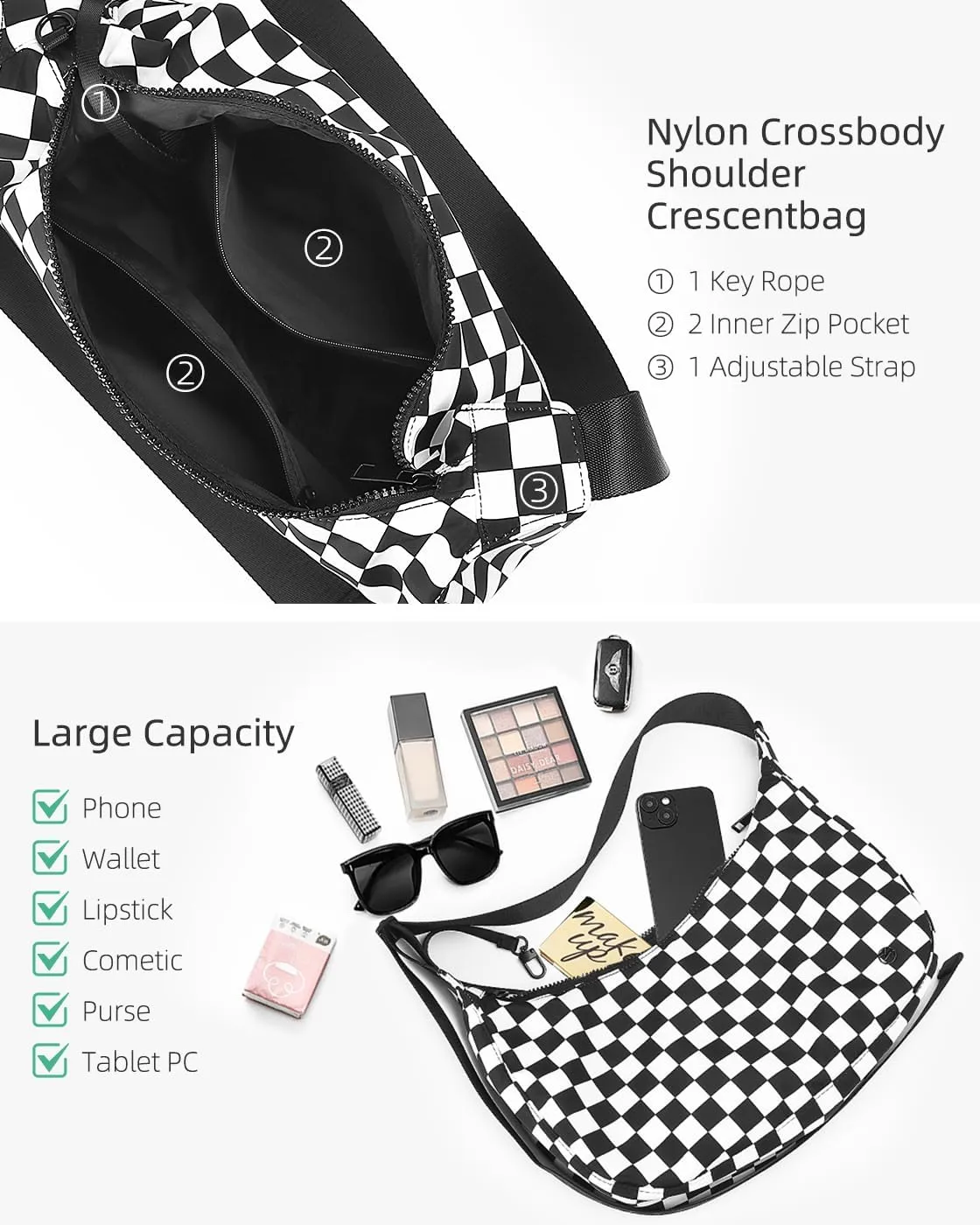 Titosha Medium Nylon Crescent Crossbody Bag for Women with Extended Adjustable Shoulder strap