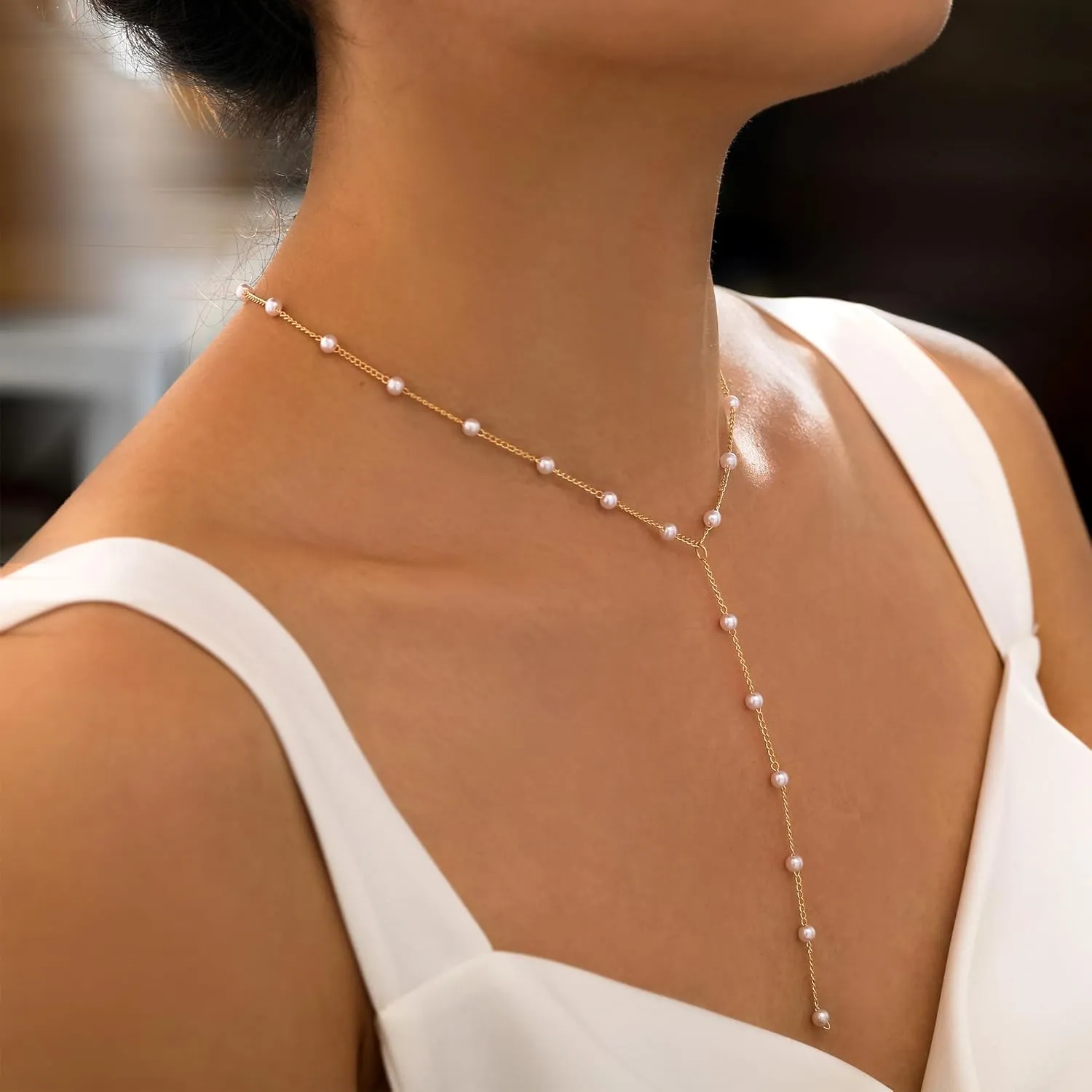 TOBENY Pearl Necklaces for Women 14k Gold Plated Handmade White Pearl Choker Necklace Dainty Small Tiny Beaded Pearl Strand Chain Necklace Delicate Single Wedding Prom Bridal Jewelry Gift