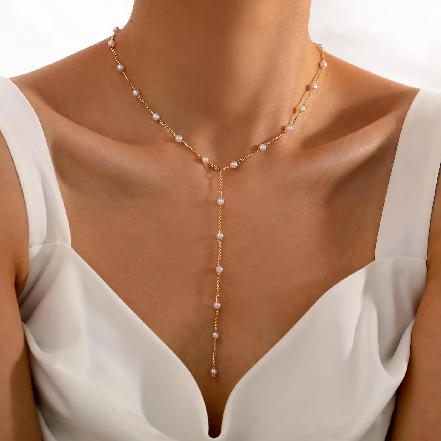 TOBENY Pearl Necklaces for Women 14k Gold Plated Handmade White Pearl Choker Necklace Dainty Small Tiny Beaded Pearl Strand Chain Necklace Delicate Single Wedding Prom Bridal Jewelry Gift