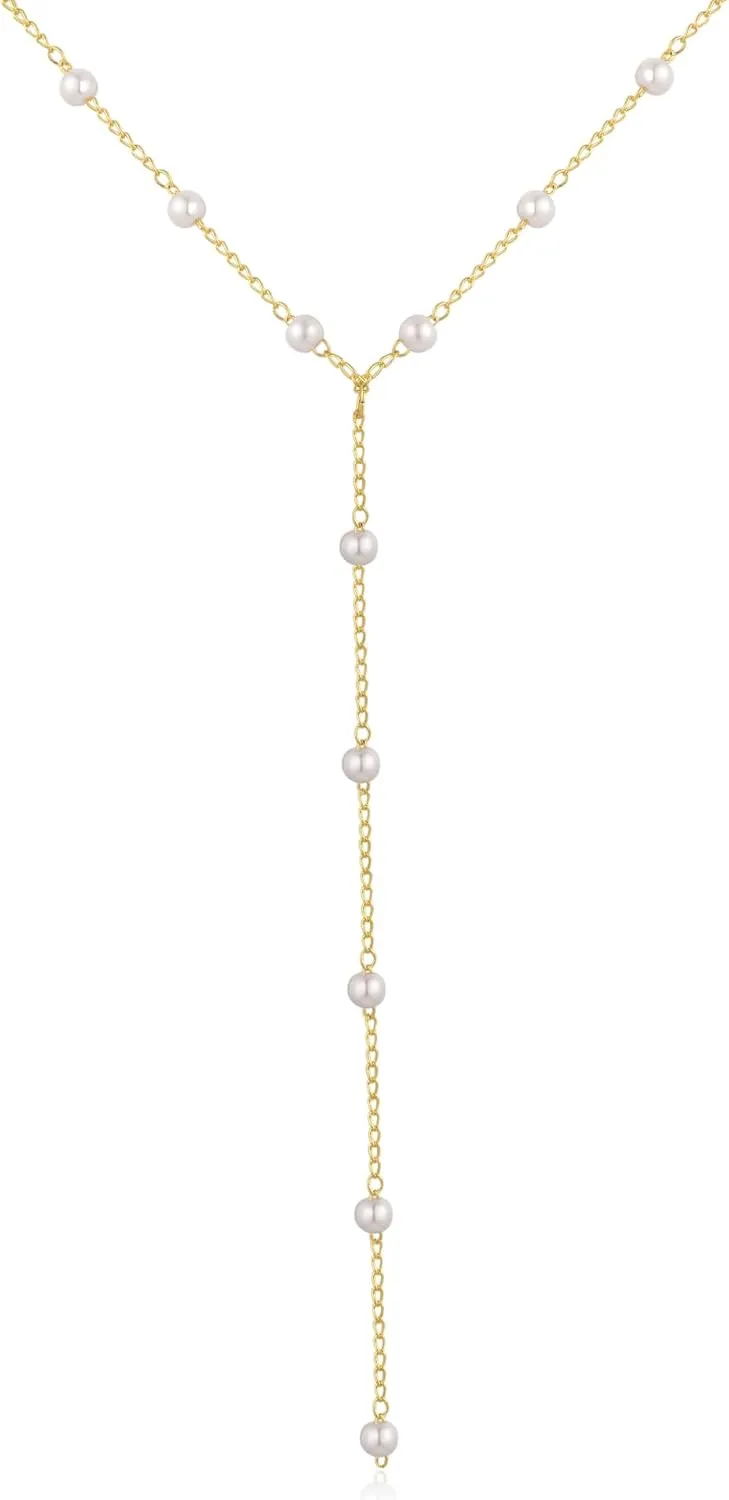TOBENY Pearl Necklaces for Women 14k Gold Plated Handmade White Pearl Choker Necklace Dainty Small Tiny Beaded Pearl Strand Chain Necklace Delicate Single Wedding Prom Bridal Jewelry Gift