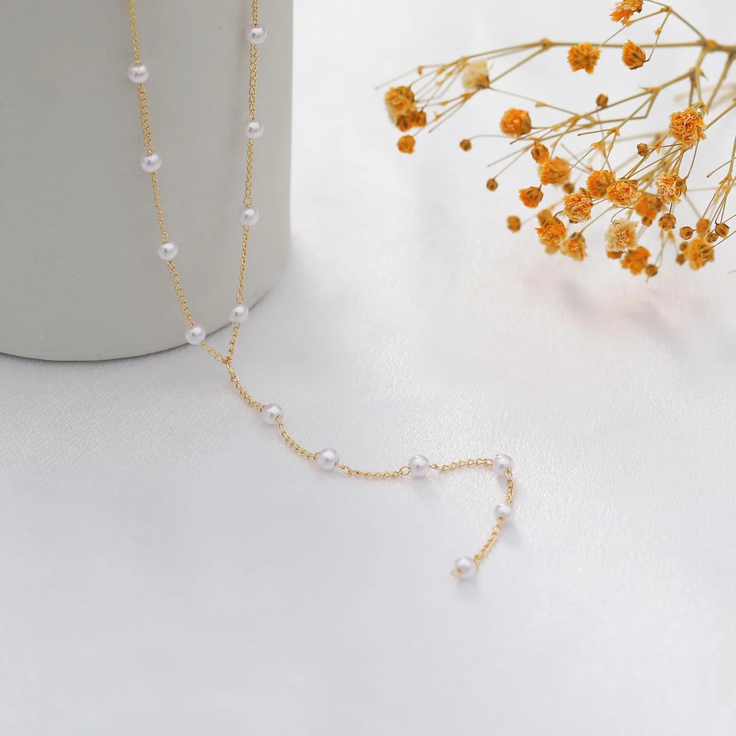 TOBENY Pearl Necklaces for Women 14k Gold Plated Handmade White Pearl Choker Necklace Dainty Small Tiny Beaded Pearl Strand Chain Necklace Delicate Single Wedding Prom Bridal Jewelry Gift